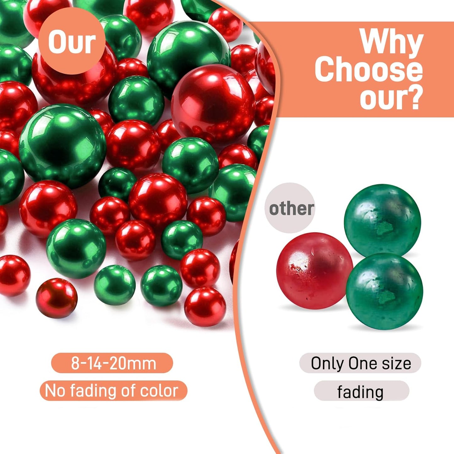 180PCS Red & Green Beads for Centerpieces Vases, No Hole Polished Pearl Makeup Beads Mixed 8/14/20mm Sizes, Pearl Vase Fillers Table Scatters for Party Wedding Decor