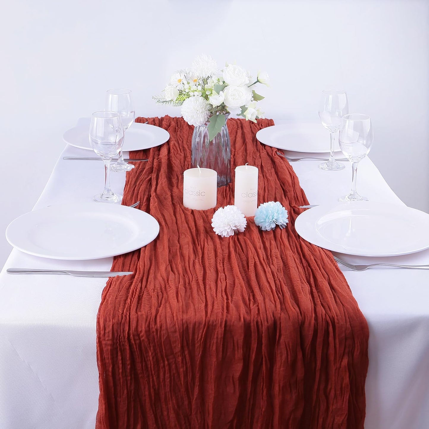 16PCS Terracotta Cheesecloth Table Runner 10FT Table Runner Cheesecloth 35x120Inch Boho Gauze Cheese Cloth Table Runner Long Rustic Sheer Table Runners for Wedding Party Baby Bridal Shower Table Decor