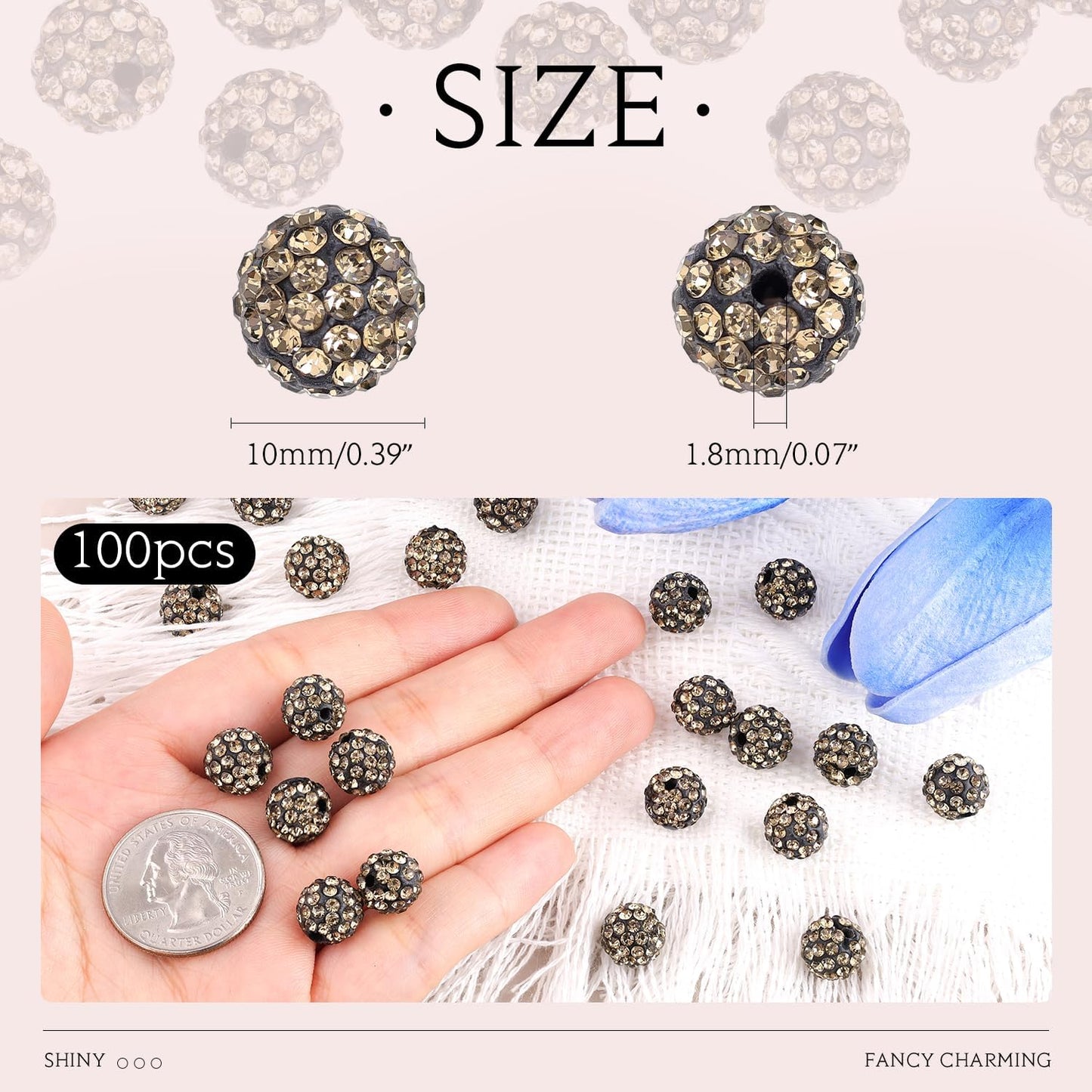 100pcs 10mm Rhinestone Beads for Jewelry Making, Gray Shiny Round Shamballa Disco Ball Beads Bulk, Sparkle Crystal Clay Christmas for Bracelet Baseball Necklace Earring Crafting and DIY