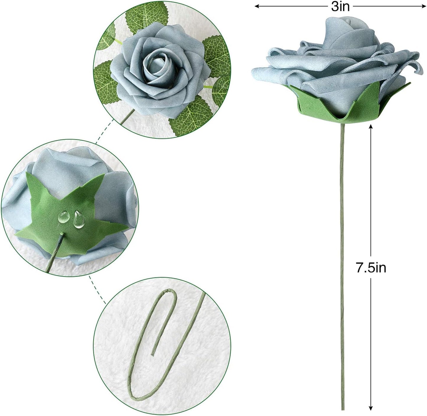 AmyHomie Artificial Flower Dusty Blue Shades Rose 25pcs Real Looking Fake Roses w/Stem for DIY Wedding Bouquets Centerpieces Arrangements Party Baby Shower Home Decorations