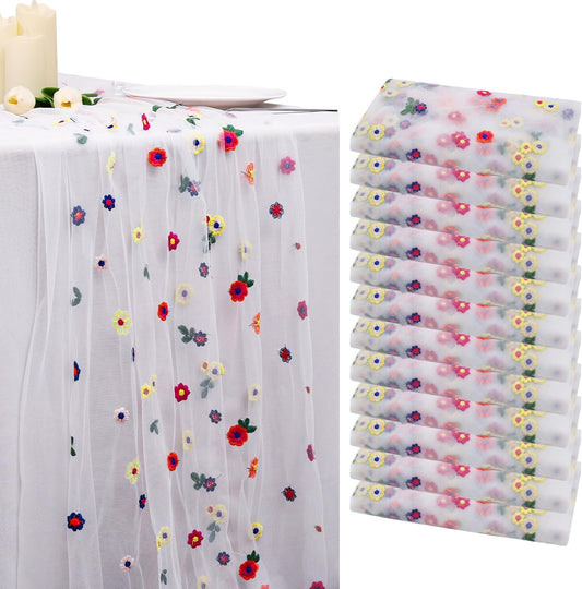 BINBE 12pcs Daisy Fall Table Runner Embroidery Gauze 10FT Florals Seasonal Tulle Holiday Birthday Kitchen Dining Table Decor for Home Party Ivory