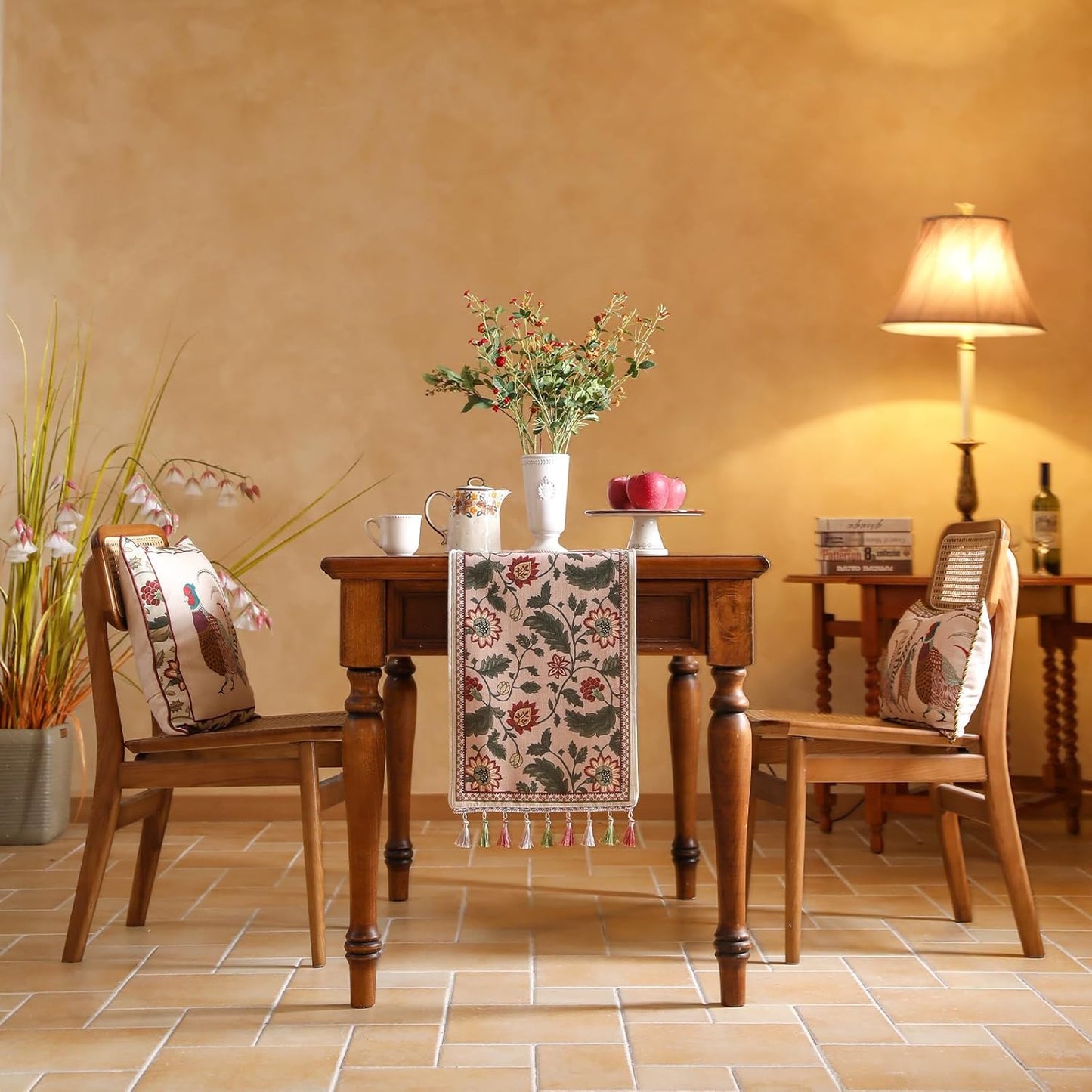 ISAENNE Designer Provence Elegant Linen Table Runner 102 Inches Long,Flower and Leaves Pattern Durable Table Runners for Dining Tables,Thanksgiving,Kitchen Tables,Christmas,12"*102"-Ratina