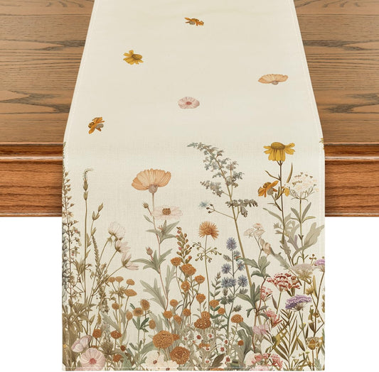 Artoid Mode Wild Flowers Grasses Floral Fall Table Runner, Seasonal Autumn Kitchen Dining Table Decoration for Home Party Decor 13x120 Inch