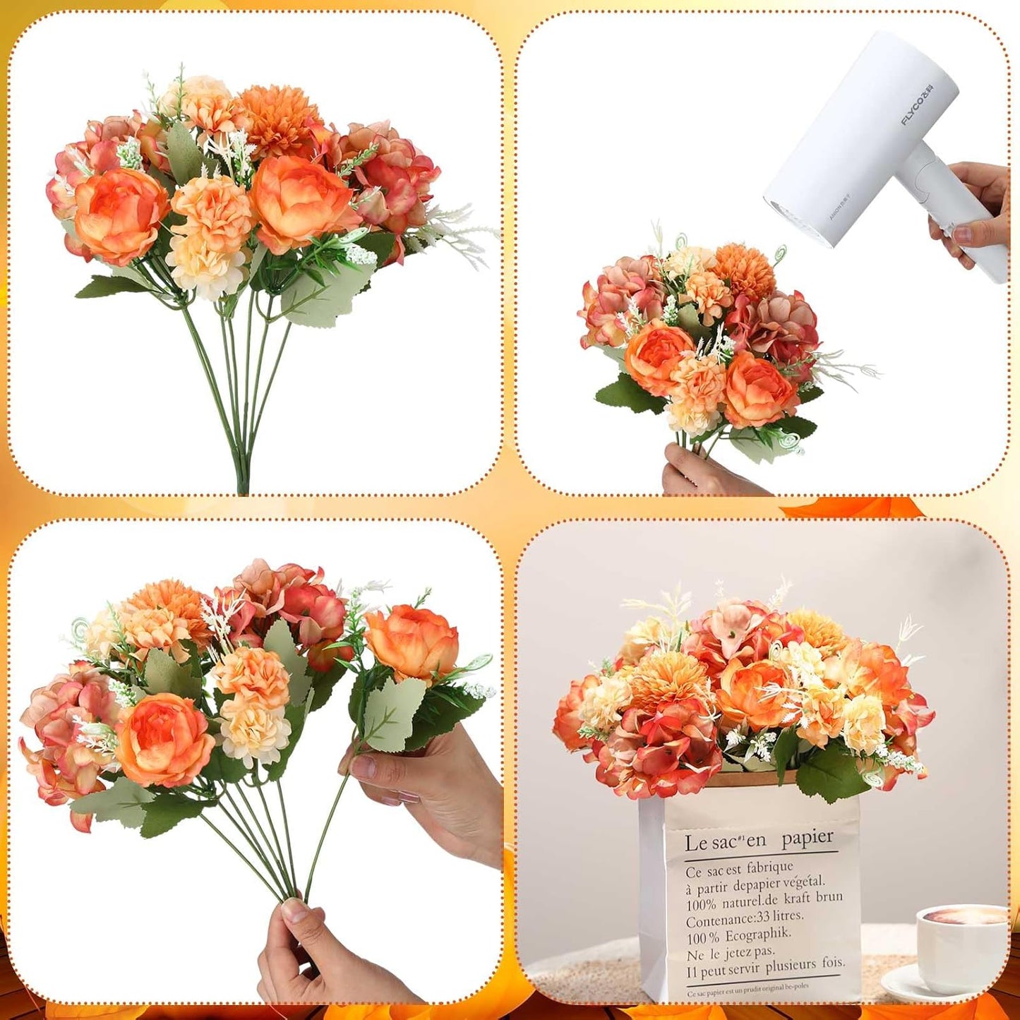 Tigeen Artificial Flowers Artificial Peonies Silk Flowers Faux Peony Fake Peony Silk Hydrangea Bouquet for Wedding Table Centerpiece Floral Vase Decor (Bright Orange,12 Bundles)