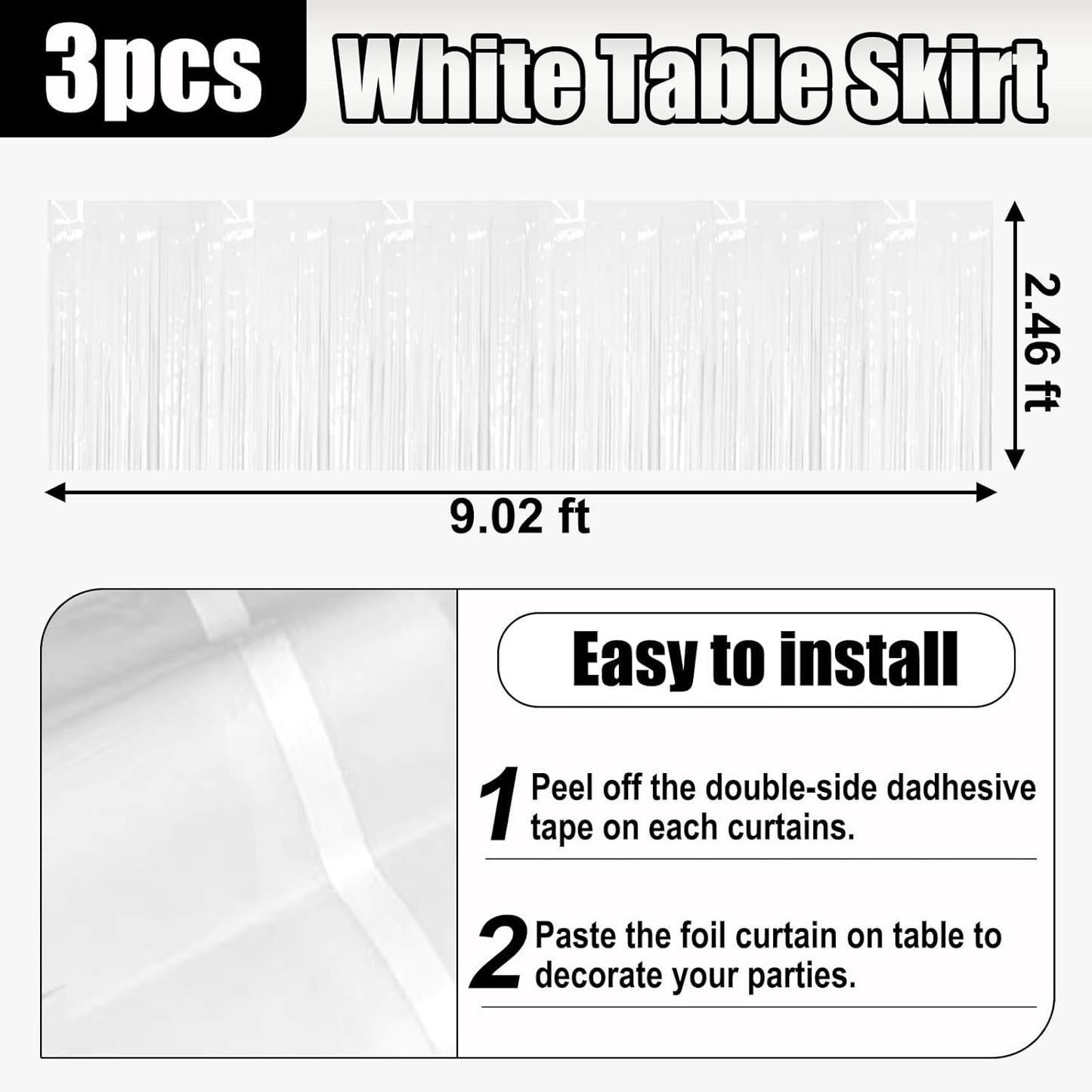 3 Pack 29x108 Inch Macaron White Foil Fringe Table Skirts Metallic Banner for Tinsel Streamer Garland Backdrop for Parade Floats Wedding Thanksgiving Birthday Christmas Halloween Party Decoration