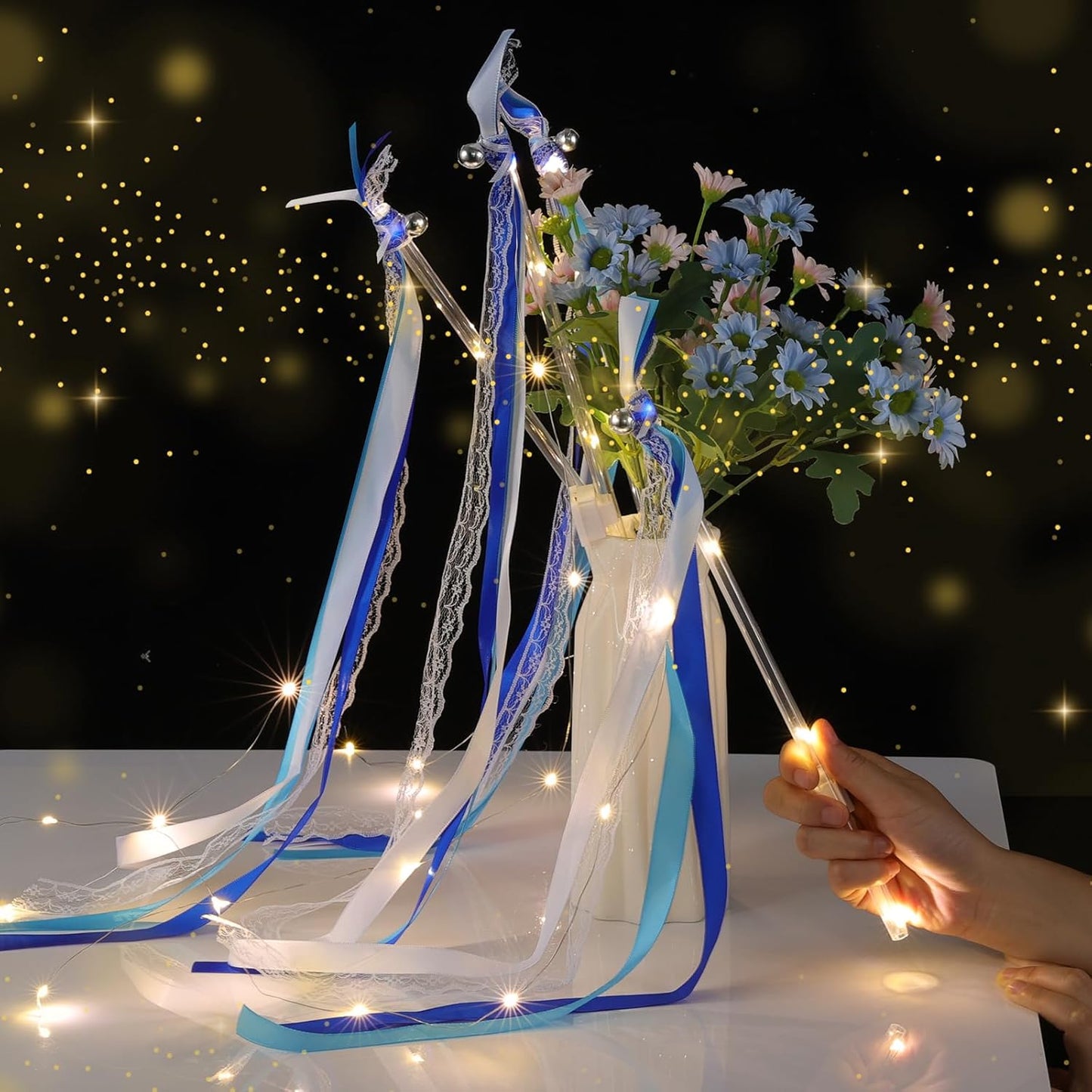 100 Pcs Wedding Wands Ribbon with 3 Colorful Flashing Modes, Light up LED Silk Fairy Wands, Glow Lace Stick with Bells for Wedding Reception, Graduation, New Year, Birthday Party (Blue)