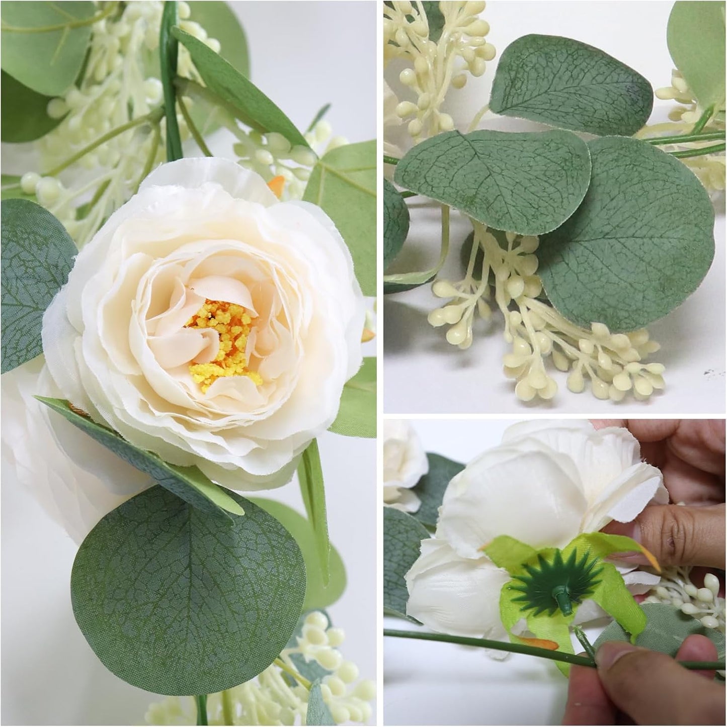 MAKHOT 2PCS 6.6Ft Artificial Eucalyptus Garland, Green Vines and Champagne Artificial Roses Combined to Form an Artificial Rose Garland for Wedding, Table, Party, Fireplace, and Home Decor.