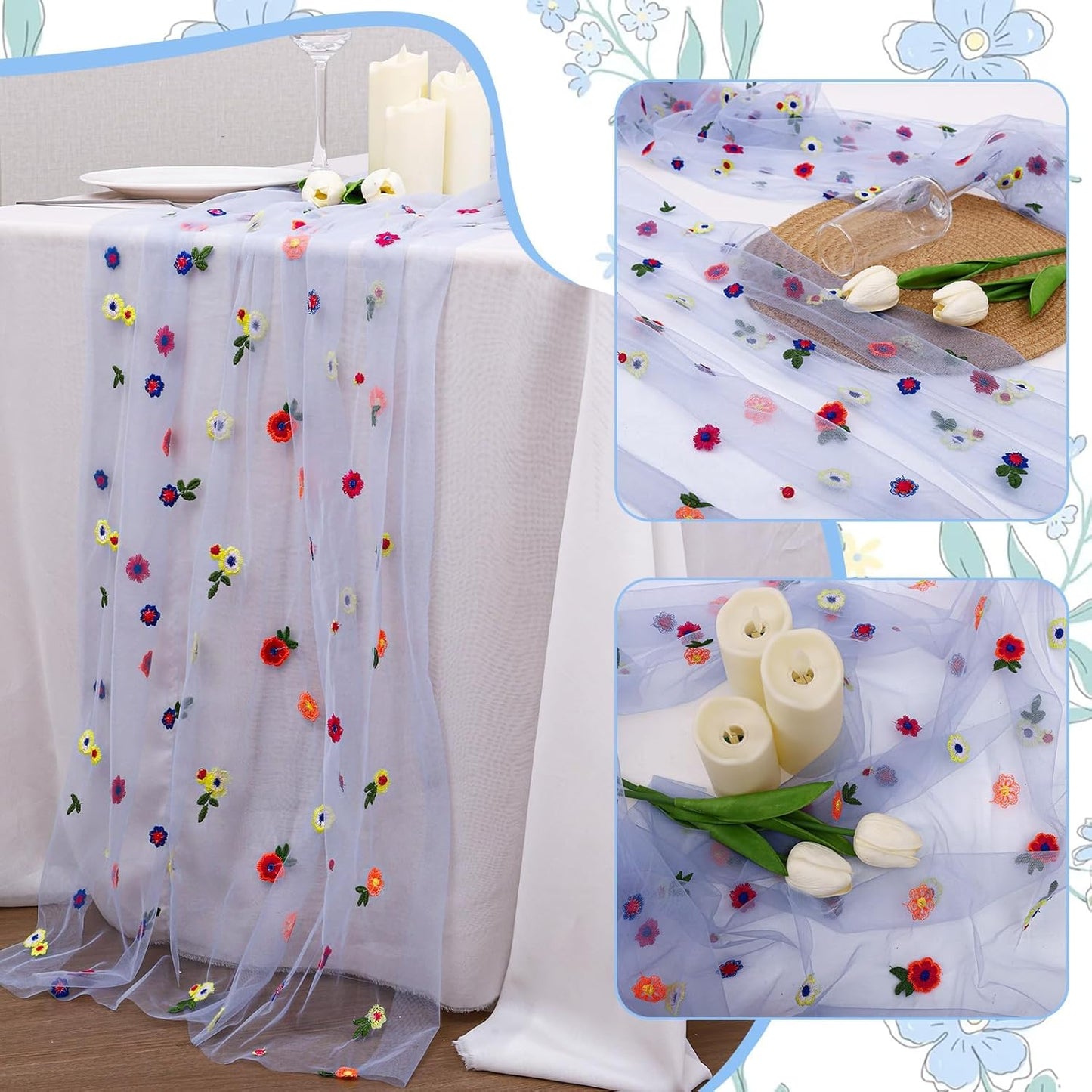 Blue Floral Table Runner 10 FT, Embroidery Daisy Table Runners Seasonal Sheer Tulle Table Runner for Thanksgiving Wedding Birthday Baby Shower Party ﻿