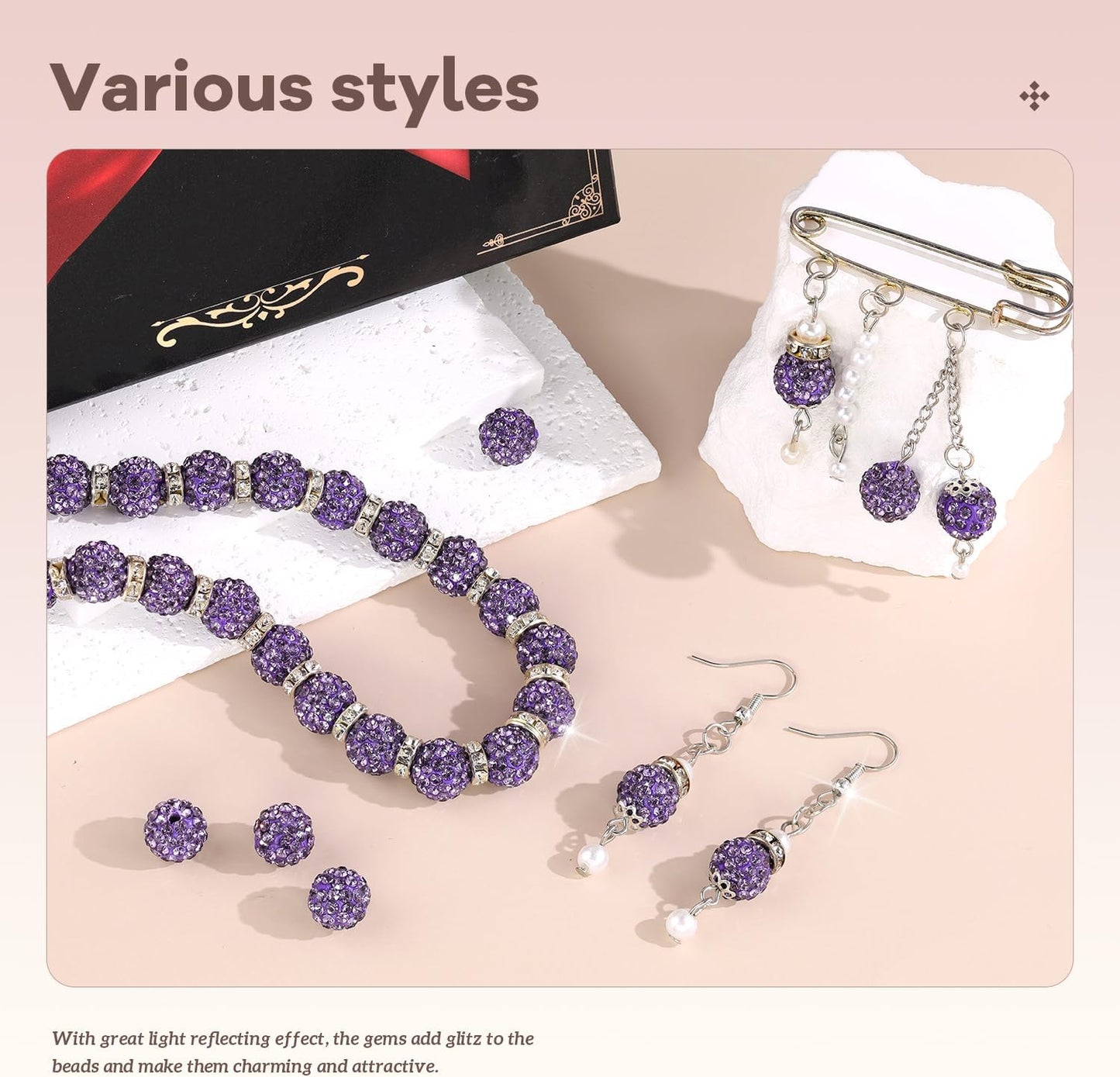 160pcs 10mm Rhinestone Beads for Jewelry Making, Purple Shiny Round Disco Ball Beads Bulk, Sparkle Crystal Clay Christmas for Bracelet Baseball Necklace Earring Crafting and DIY