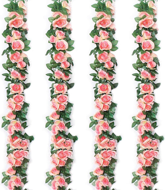 Musdoney 4Pcs 32.2 FT Fake Rose Vine Flowers Plants Artificial Flower Garland Hanging Rose Ivy Home Hotel Office Wedding Party Garden Craft Art Decor (Pink)
