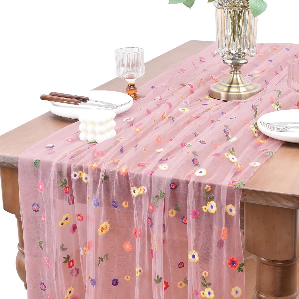 Joanlody Blushing Pink Embroidery Daisy Fall Thanksgiving Table Runner Florals Seasonal Tulle Table Runner Holiday Kitchen Dining Table Decoration for Home Party Indoor