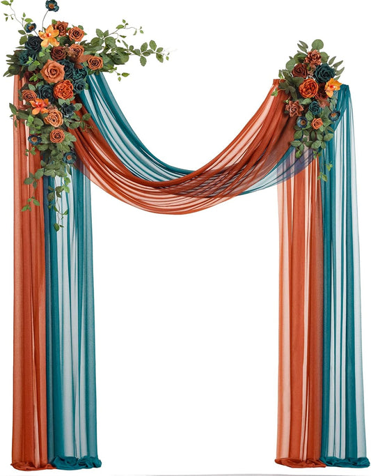 Ling's Moment Teal Orange Artificial Wedding Arch Flowers Kit Pack of 4, 2pcs Hanging Flower Arrangement 2pcs Chiffon Drapes Ceremony Reception Fake Rose Arbor Backdrop Floral Party Outdoor Decoration