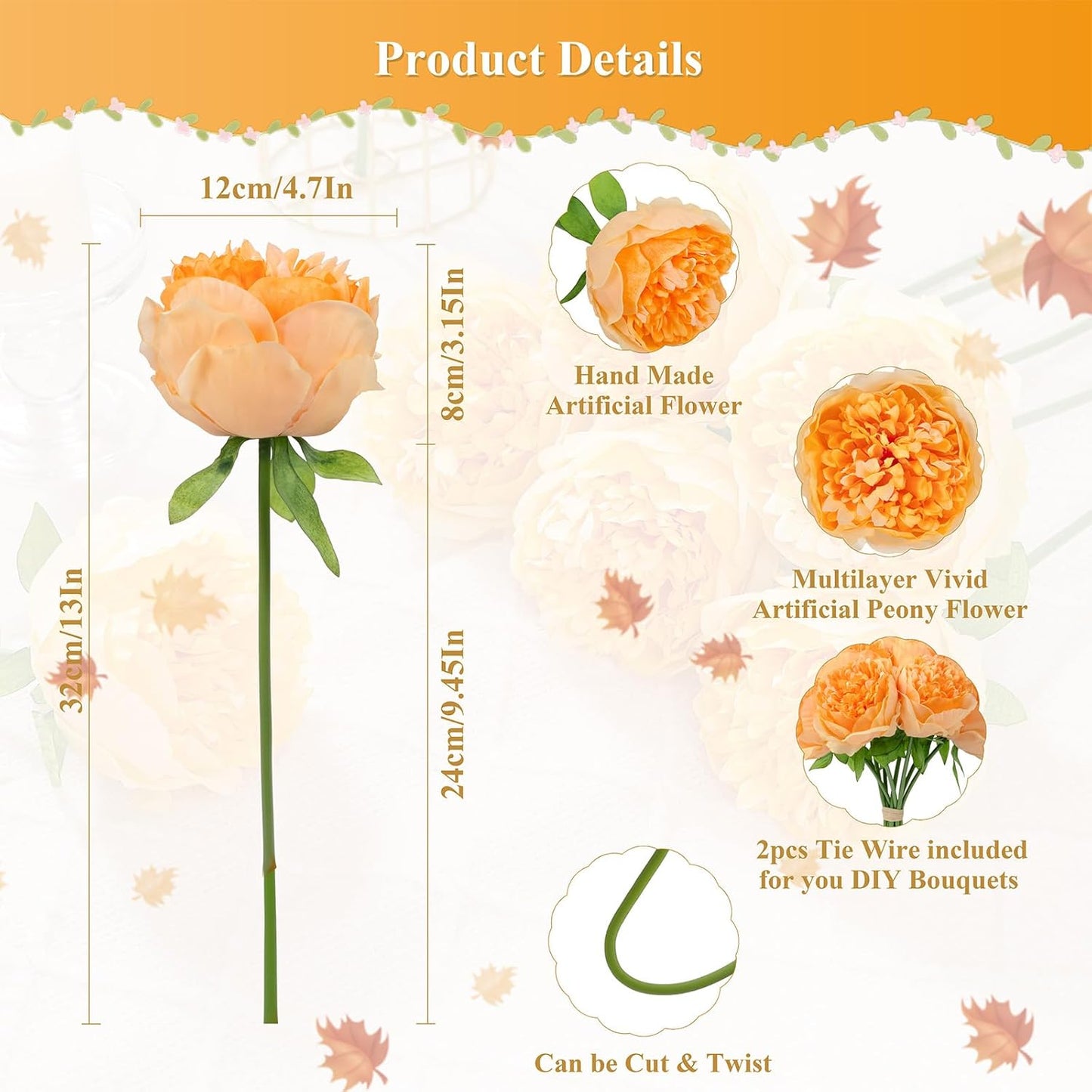 U'Artlines Artificial Peony Silk Flower with Stems 10pcs Real Look Vintage Peonies for Home Wedding Decoration (Orange)