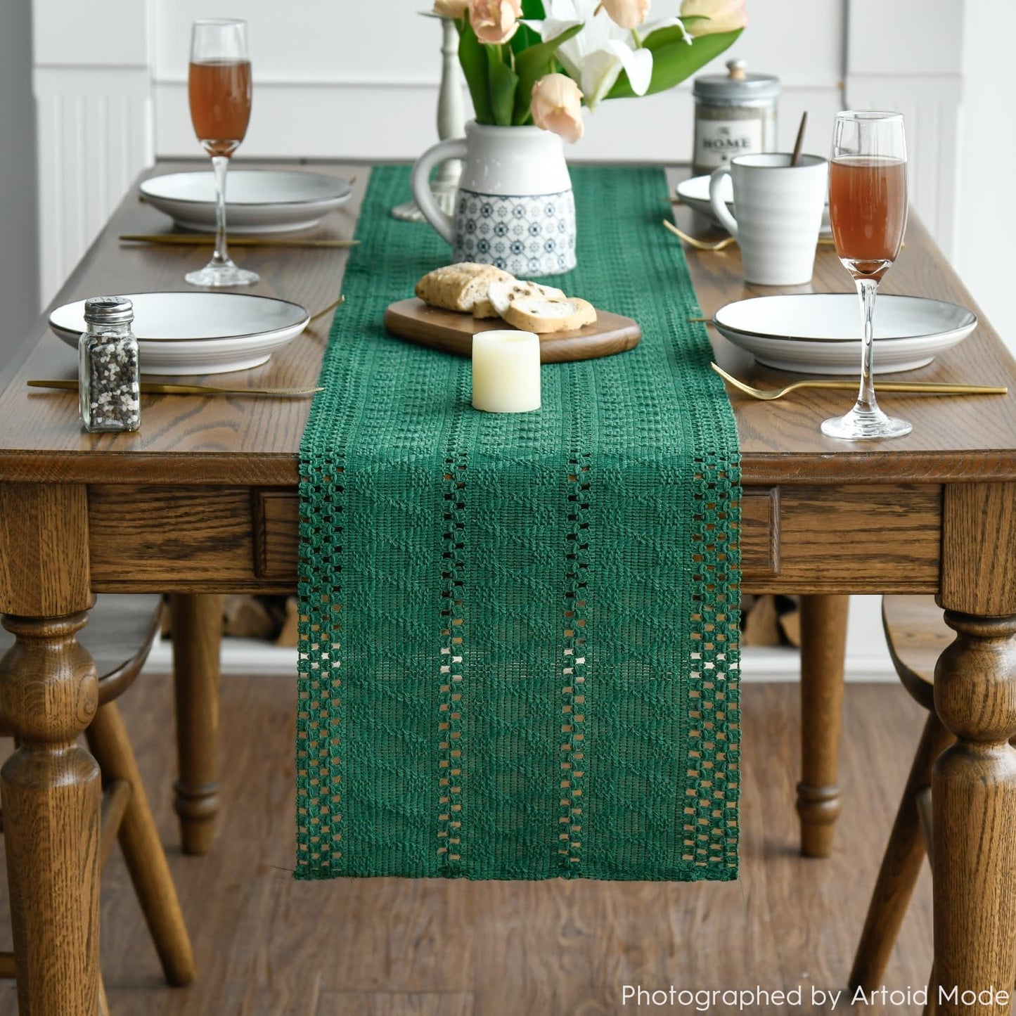 Artoid Mode Dark Green Farmhouse Woven Rustic Hollow Table Runner, Seasonal Holiday Kitchen Dining Table Decoration for Home Party Decor 12x36 Inch