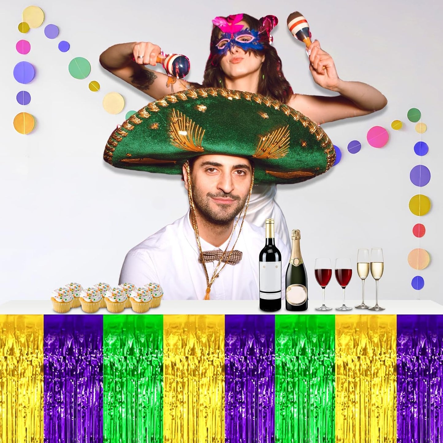 3 Pack 29x108 Inch Gold Green Purple Foil Fringe Table Skirts Metallic Banner for Tinsel Streamer Garland Backdrop for Parade Floats Wedding Thanksgiving Birthday Christmas Halloween Party Decoration