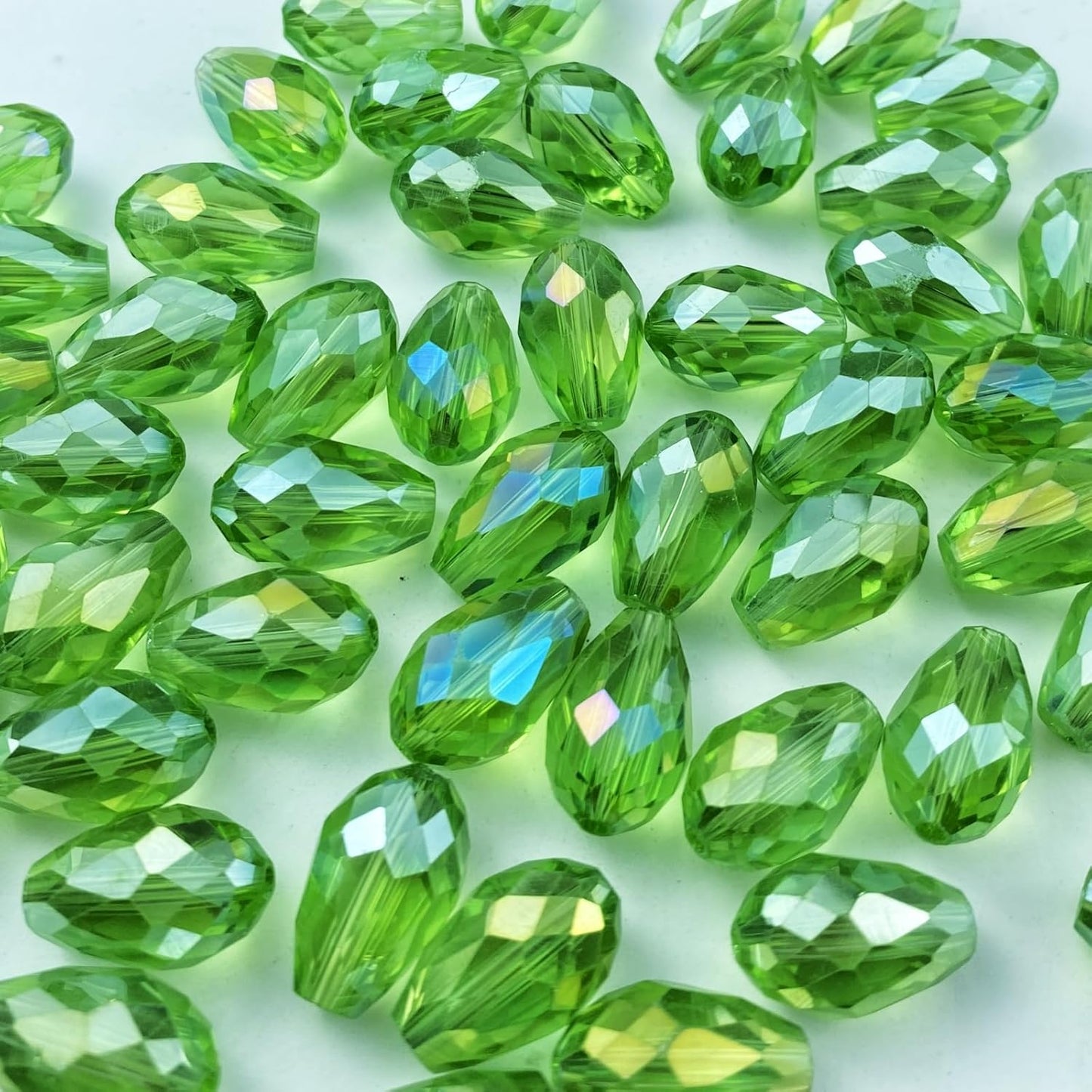 100pcs 8x12mm Teardrop Crystal Glass Beads Vertical Hole Faceted Glass Teardrop Spacer Beads for Bracelets Necklace Earring DIY Jewelry Making Craft(Light Green AB)