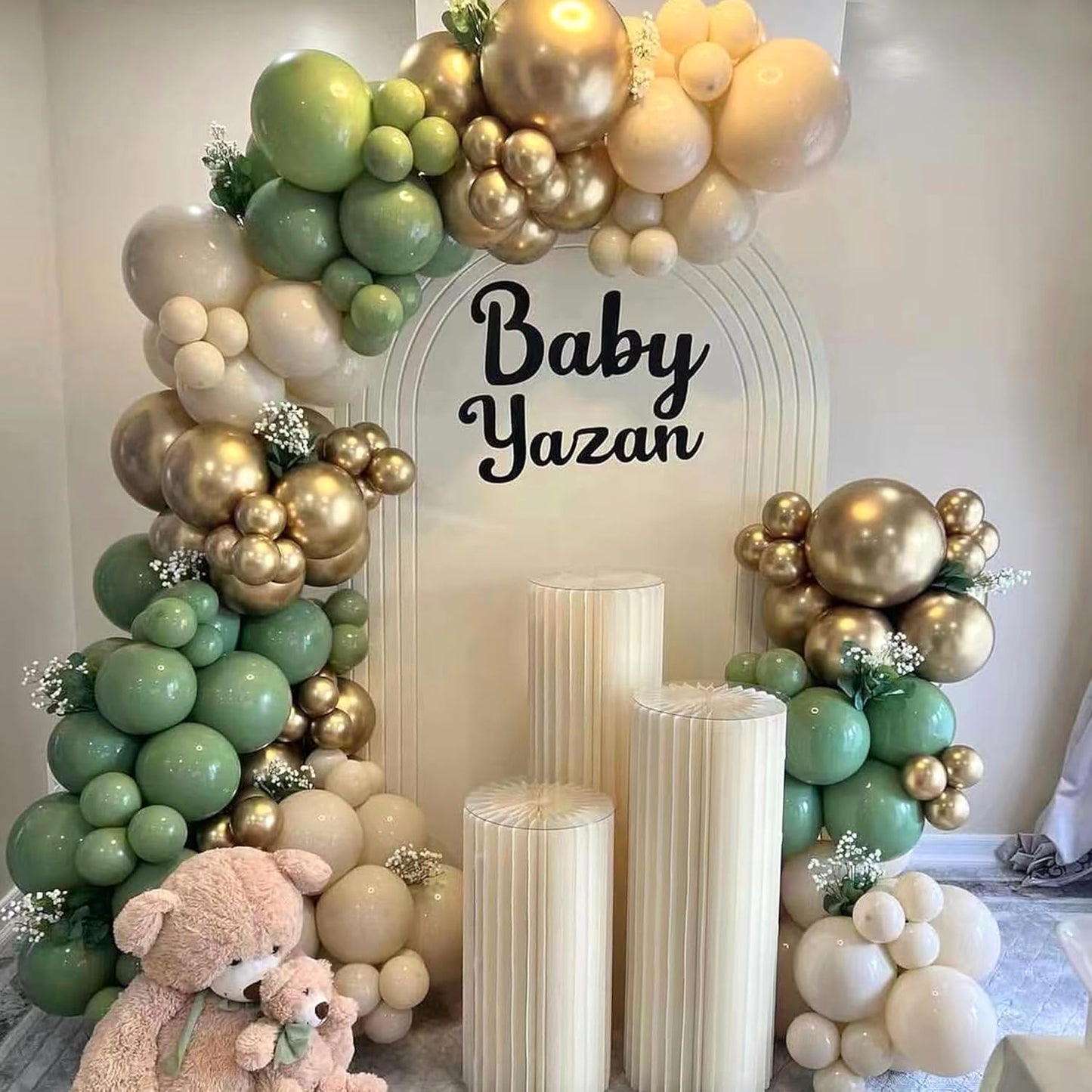160Pcs Sage Green Gold Balloon Garland Arch Kit, Olive Green White Sand Gold Confetti Balloon with Heart Foil Balloons for Baby Shower Birthday Wedding Engagement Party Decorations