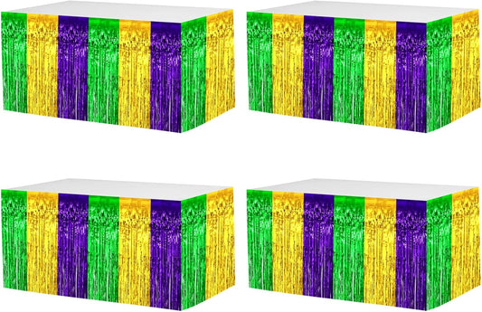 4 Pack 29x108 Inch Mardi Gras Metallic Foil Fringe Tinsel Table Skirts for Rectangle Tables Streamer Backdrop for Wedding, Birthday, Parade Floats, Valentine's Day Party Decoration(Gold Green Purple)