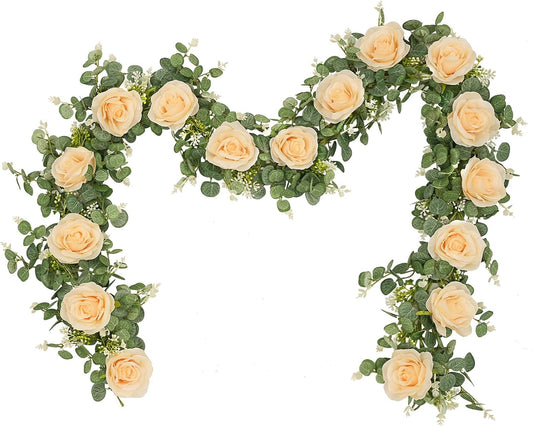 Dolicer 2Pcs 13Ft Artificial Eucalyptus Garlands with Flowers - 8 Roses, Faux Floral Greenery Garlands Fake Flowers Vines for Wedding Table Centerpieces Arch Party Ceremony Backdrop Decor (Champagne)