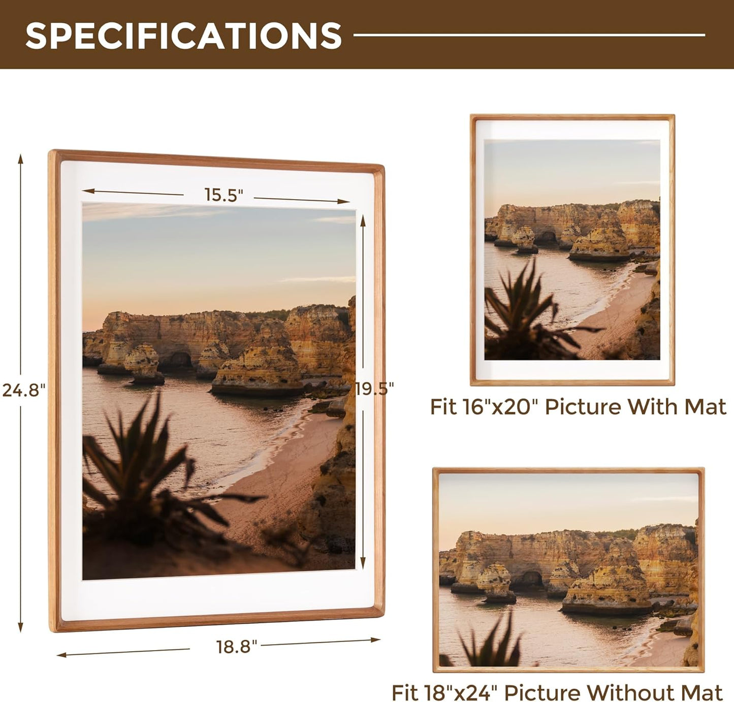 18x24 Picture Frame USA-Sourced Natural Cherry Wood Solid Original Wood Photo Frame Rounded Corner with Mat to 16x20 Picture Display with Real Glass Family Picture, Wedding Picture, Photo, Certificate