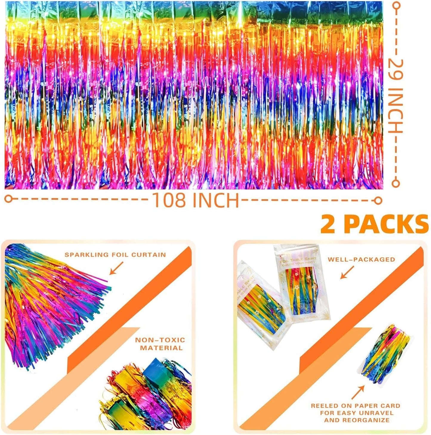 Rainbow Streamers Party Decorations, 2 Packs Gradient Rainbow Table Skirts Metallic Foil Fringe Tinsel for Birthday Unicorn Pride Gay Fiesta Graduation Float Parade Party Supplies - 29x108 Inch