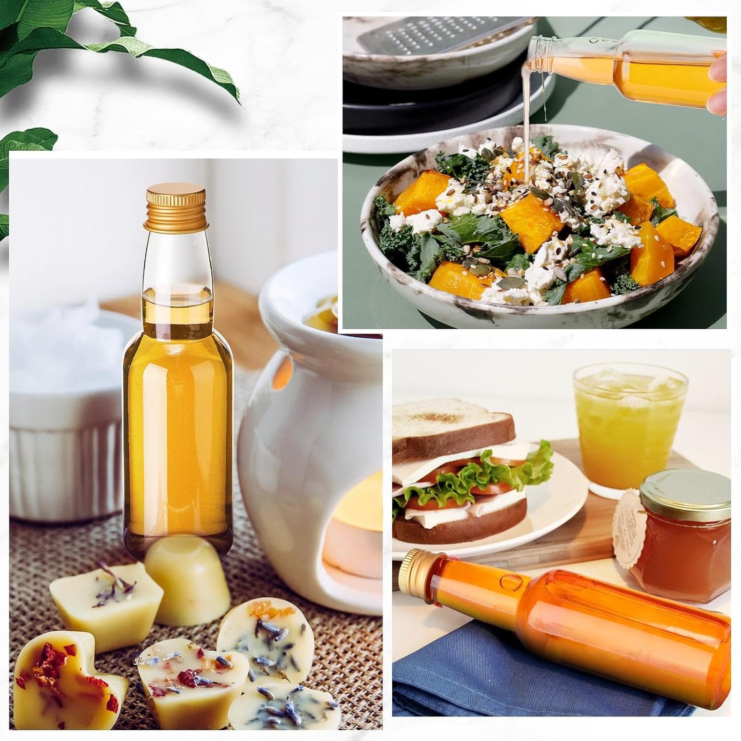 120 Pcs Mini Liquor Bottles Airtight Shot Miniature Empty Plastic Alcohol Spirit Shot Bottles with Funnels for Party Favors, Weddings(3.3 oz,Gold)