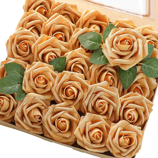 Floroom Artificial Flowers 50pcs Real Looking Gold Foam Fake Roses with Stems for DIY Wedding Bouquets Bridal Shower Centerpieces Floral Arrangements Party Tables Home Decorations