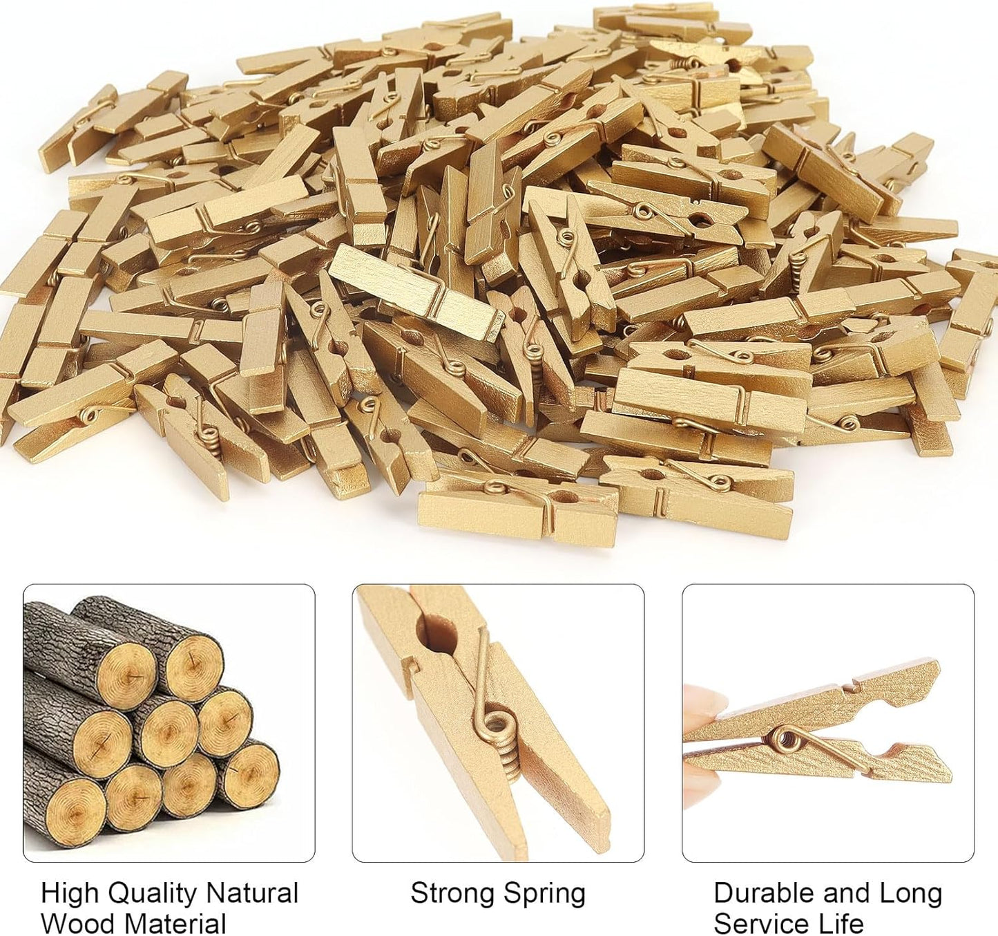 100 Pcs Gold Wooden Pins, 1.38 Inch Tapestry Clothes Pins Wall Clips Photo Picture Clips Poster Clips Strong Spring Clips for Home and Office Poster Photo Decor (Gold 100 Pack 1.38 Inch)