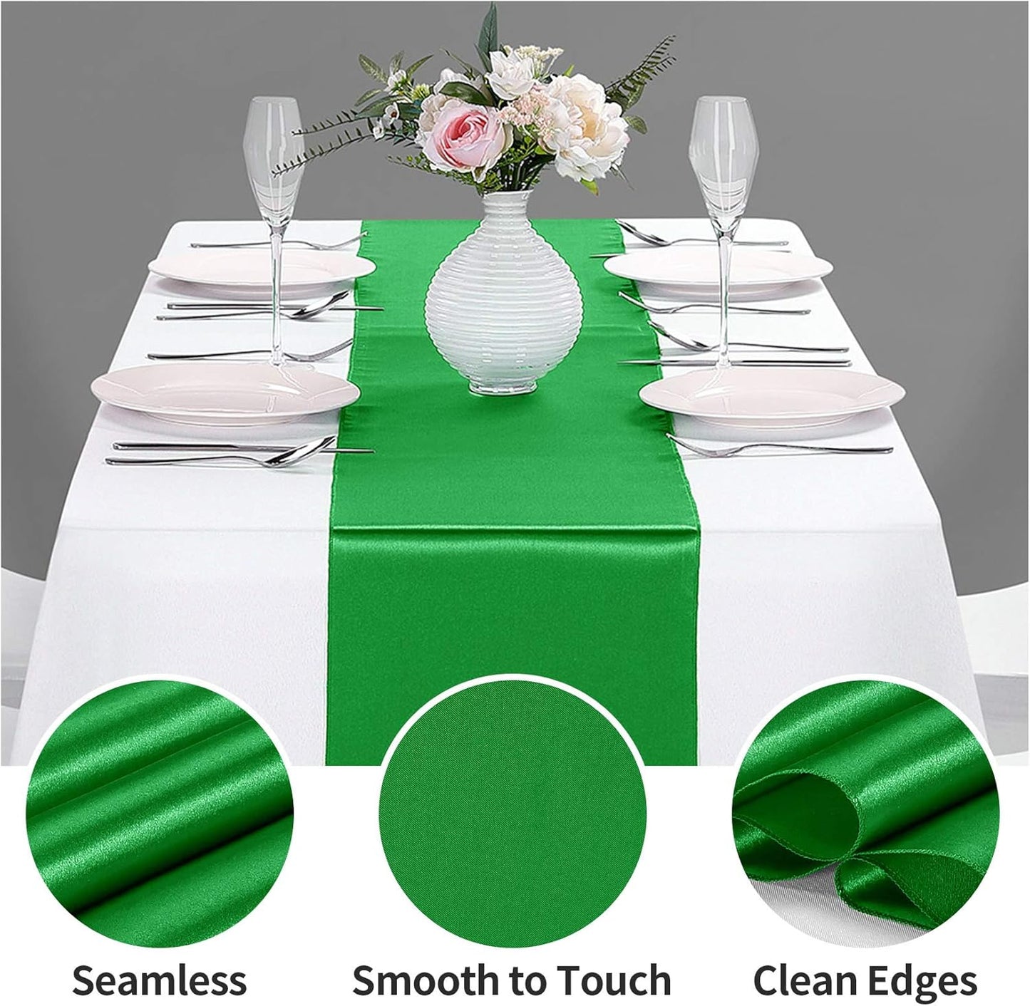 10-Pack Satin Table Runner Emerald 12 x 108 inches Long, Table Runners for Wedding, Birthday Parties, Banquets Decorations（10 Pack, 12x108 Inch, Emerald）