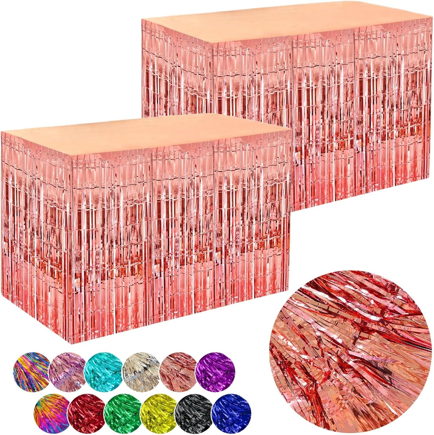 Rose Gold Streamers Party Decorations, 2 Packs Rose Gold Table Skirts Metallic Foil Fringe Tinsel for Bachelorette Birthday Wedding Graduation Float Parade Party Supplies - 29x108 Inch