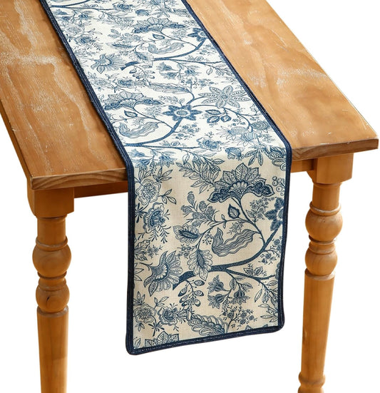 ISAENNE Designer Chinoiserie Elegant Linen Extra Long Table Runner 118 Inches,Blue Floral Pattern Decor Table Runners for Thanksgiving,Dining Room,Banquet,Kitchen Tables,Christmas,12"*118"-Ruyi B