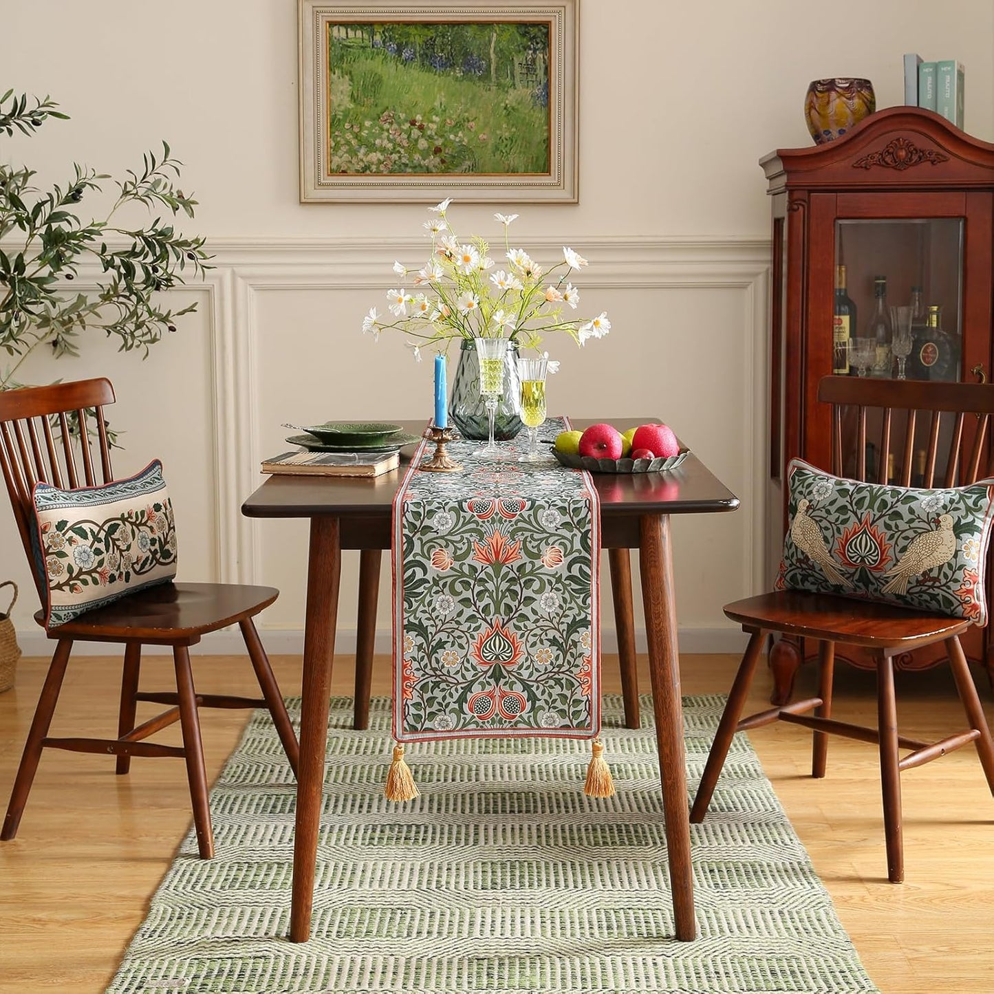 ISAENNE Designer French Green Elegant Linen Table Runner 118 Inches Extra Long,Colorful Flower Pattern Soft Table Runners for Dining Tables,Thanksgiving,Kitchen Tables,Christmas,12"*118"-Naples B