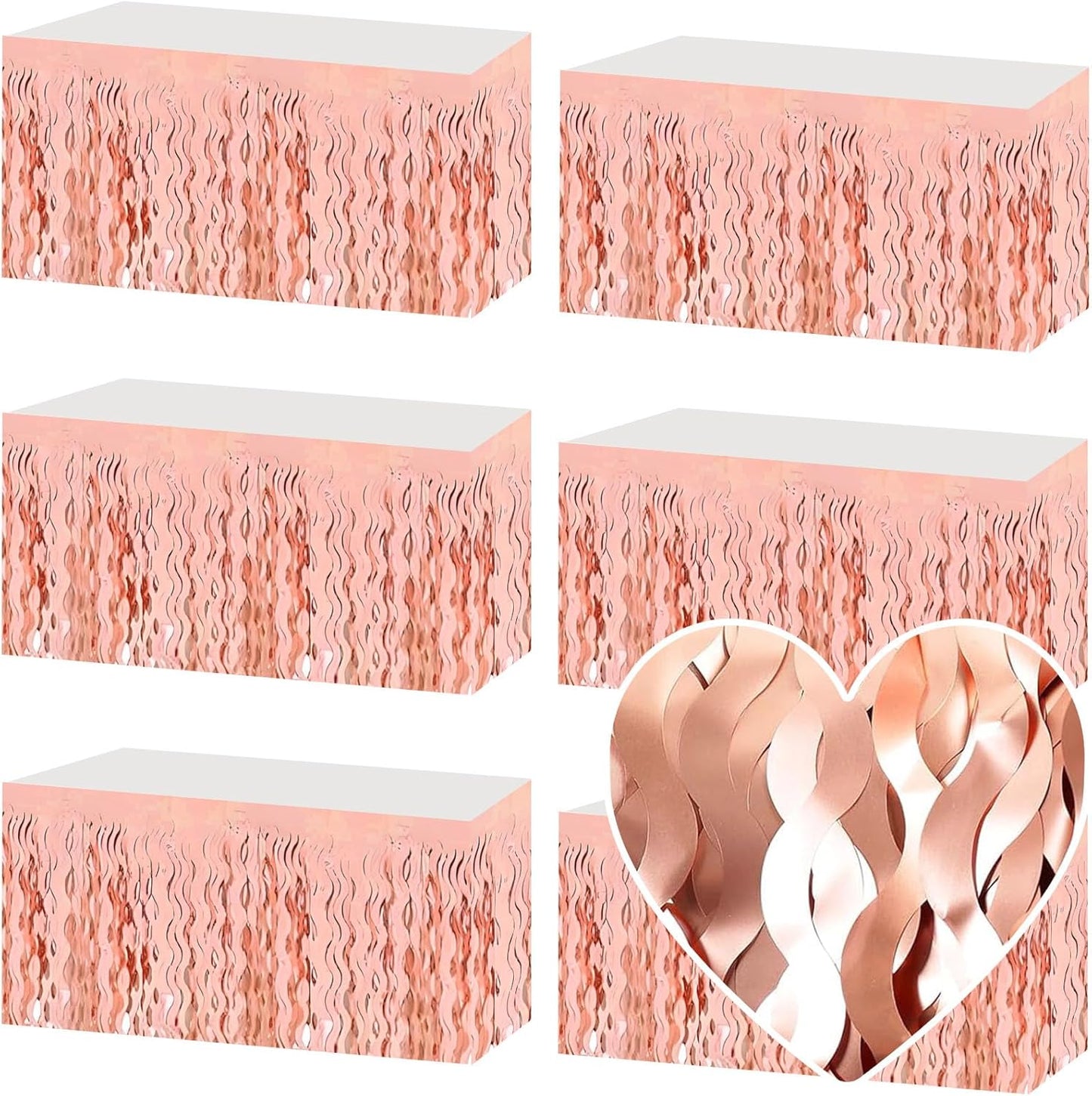 6 Pack 29x108 Inch Rose Gold Wave Foil Fringe Table Skirts Metallic Banner for Tinsel Streamer Garland Backdrop for Parade Floats Wedding, Mother's Day, Birthday Mardi Gras Party Decorations