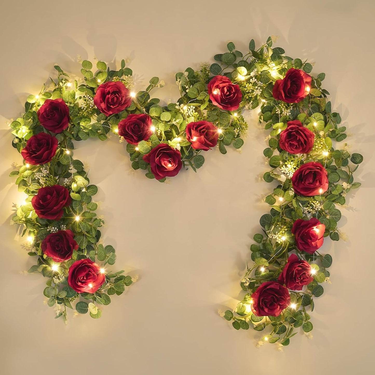 Dolicer 2Pcs 13Ft Artificial Eucalyptus Garlands with Flowers - 8 Roses, Faux Floral Greenery Garlands with 13Ft String Lights Fake Flowers Vines for Wedding Table Centerpieces Arch Party Decor (Red)