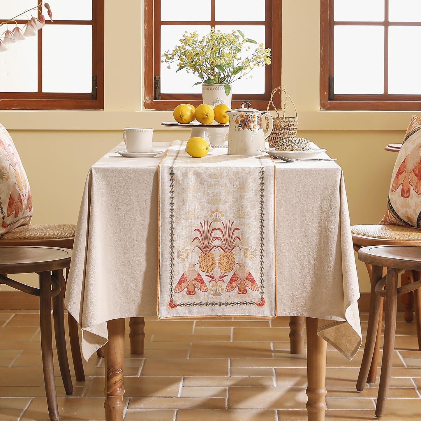 patdrea Designer Tropical Linen Table Runner 102 Inch Long, Yellow Vintage Elegant with Pineapple Pattern Table Mat,Decoration for Kitchen Dining Coffee Table Cover Banquet Christmas , 12"*102"