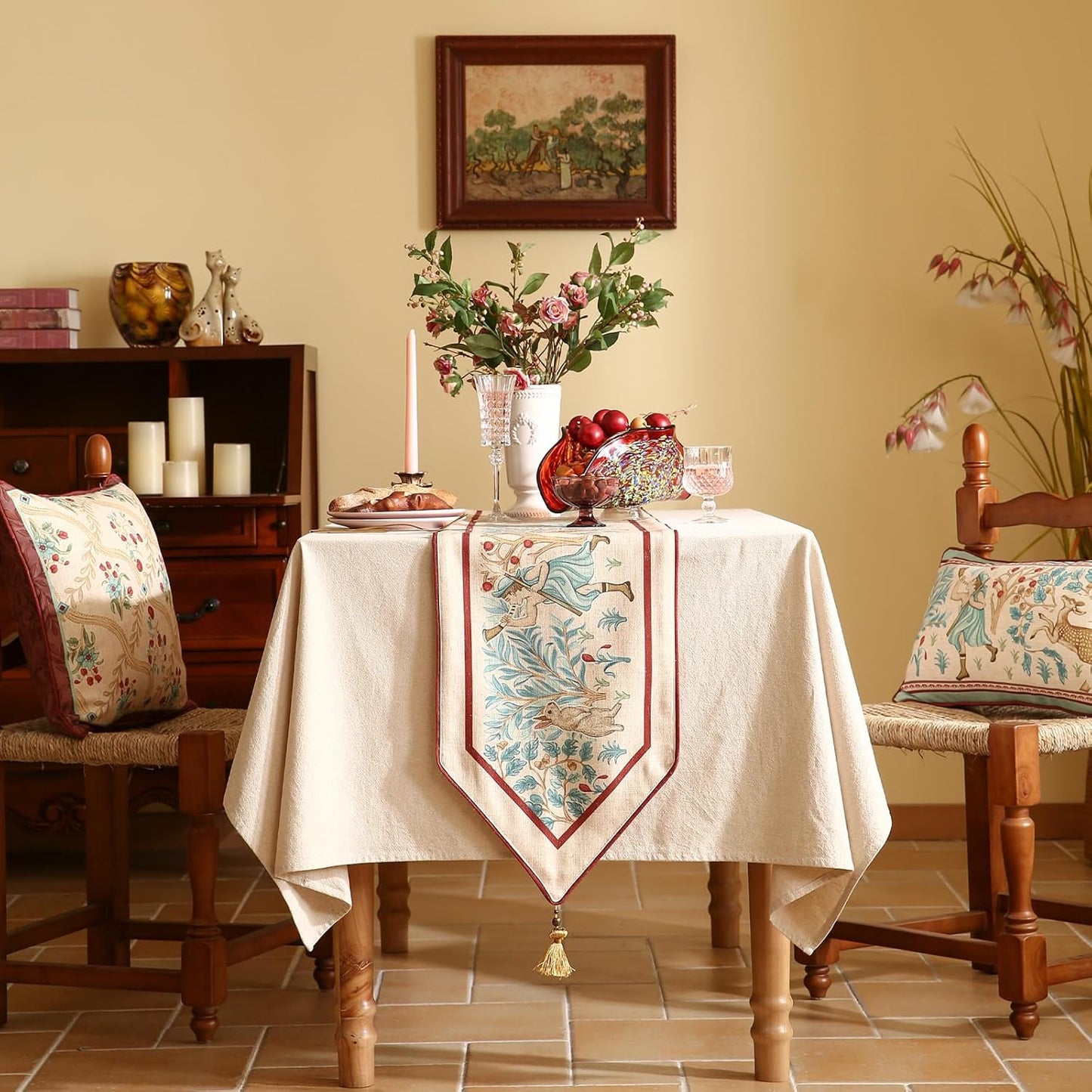 patdrea Designer Idyll Linen Extra Long Table Runner,Vintage Beige Farmhouse with Ancient Spring Figure and Animal Pattern Table Mat,Decoration for Kitchen Dining Banquet Christmas ,16"*118"