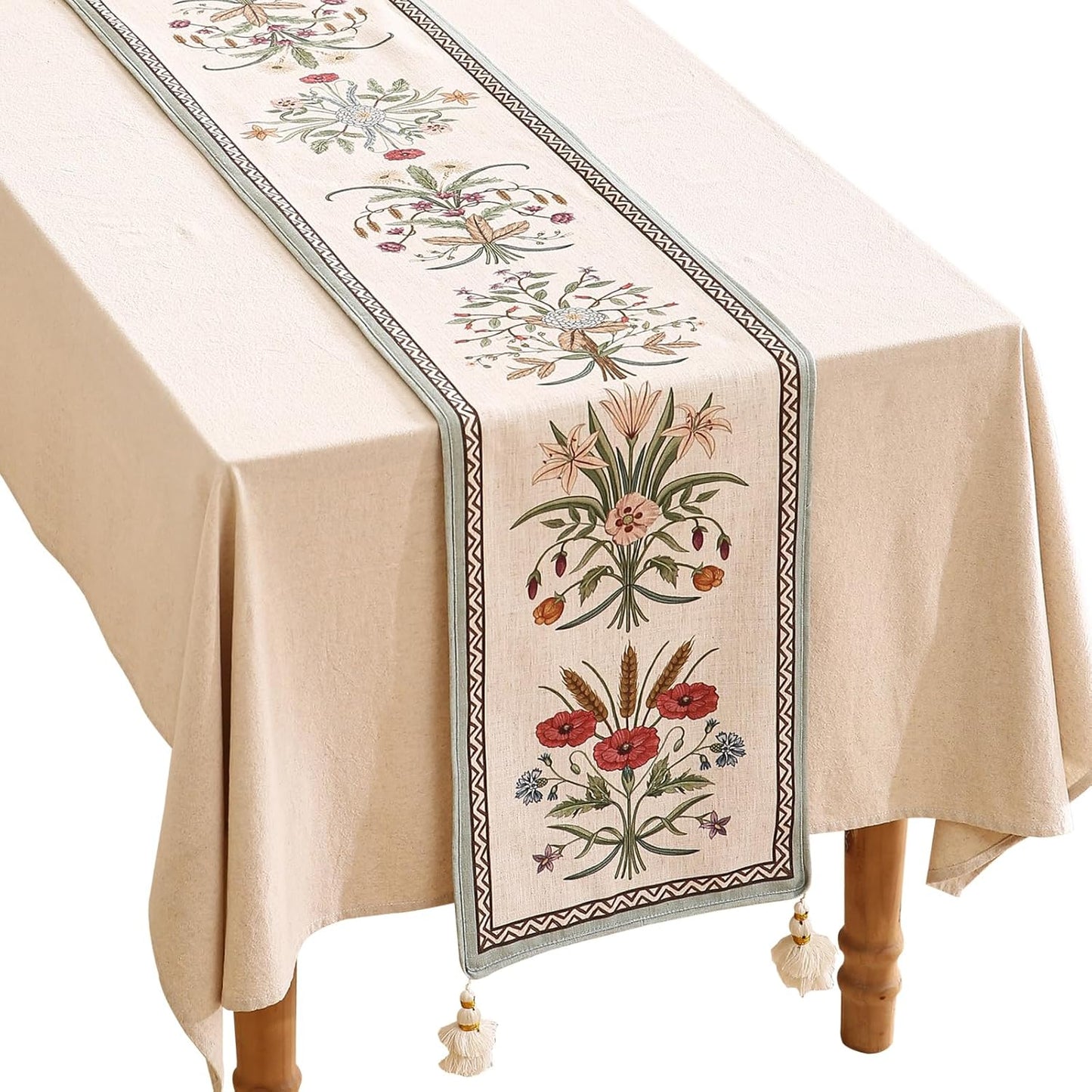 ISAENNE Designer French Country Linen Table Runner 102 Inches Long,Elegant Colorful Floral Pattern Table Runners for Dining Tables,Thanksgiving,Christmas,Kitchen Decor,12"*102"-Serenity F
