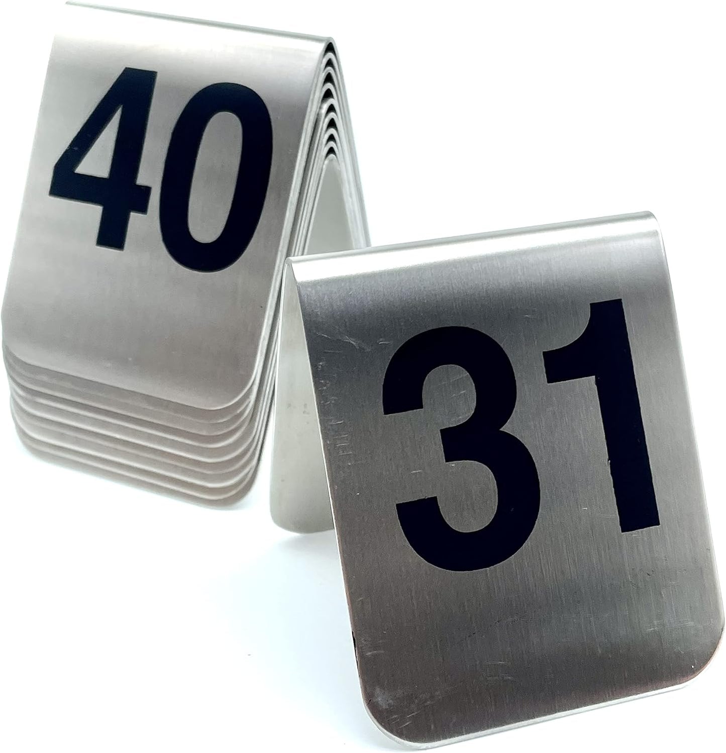 10 Pcs Metal Place Cards Stackable Tent Style Table Numbers，Place Card Holders for Celebration Wedding Party Restaurants Cafes Bars Gatherings meeting Room Board Game Serial (Medium 31-40, Black)