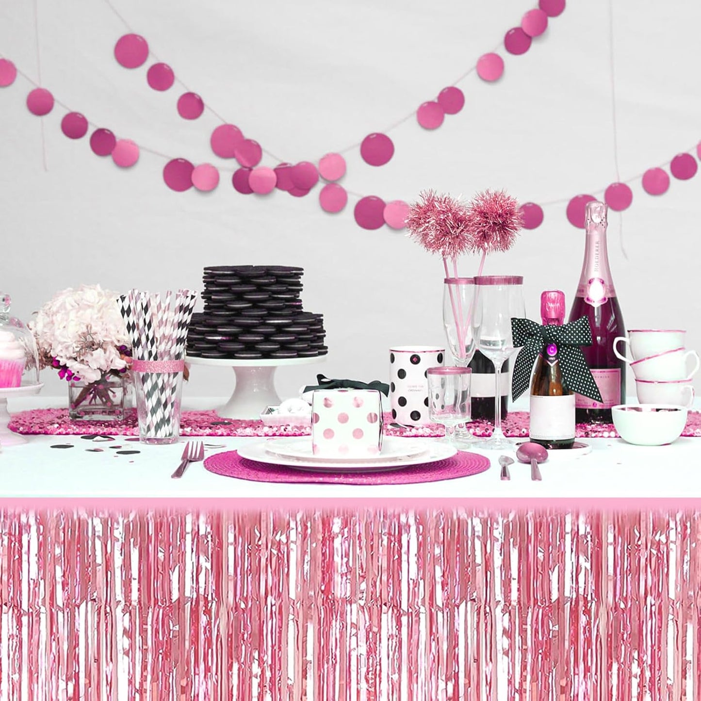 3 Pack 29x108 Inch Pink Foil Fringe Table Skirts Metallic Banner for Tinsel Streamer Garland Backdrop for Parade Floats Wedding Thanksgiving Birthday Christmas Halloween Party Decoration