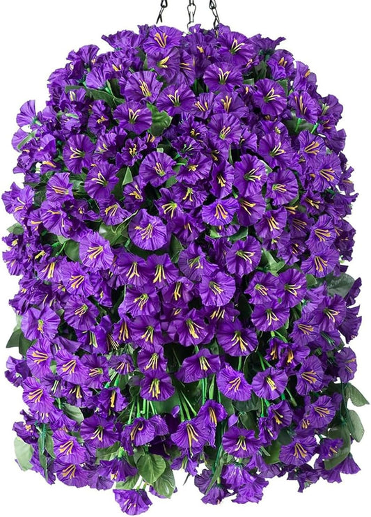 Artificial Faux Hanging Flowers Plants Basket for Outdoor Outside Porch Decoration, UV Resistant Fake Silk Purple Morning Glory Trailing Vines Realistic for Summer Home Balcony Yard Patio