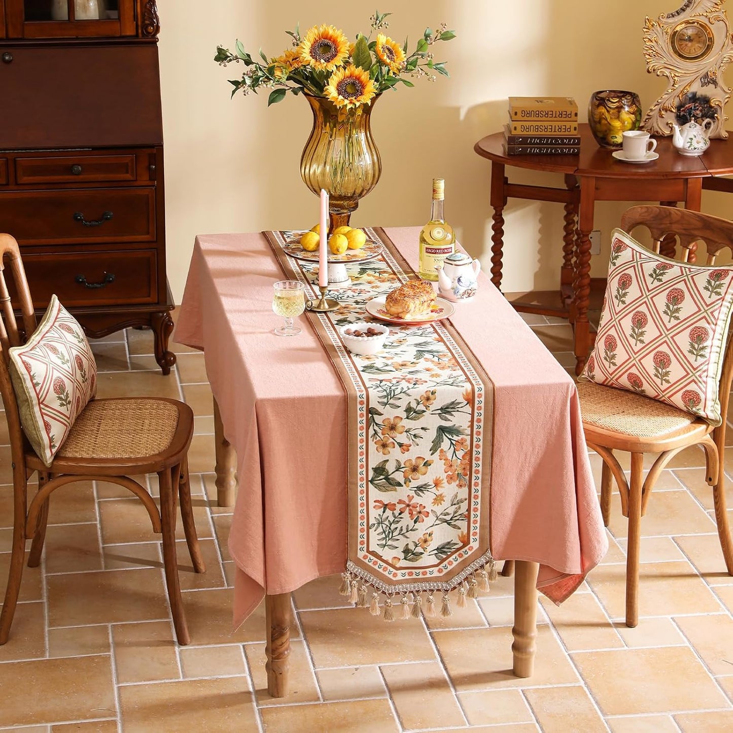 Vintage Small Linen Table Runner,Floral Table Runners 63 Inches Long,Soft and Luxury Tablerunner.Decoration Tabletop for Kitchen,Dining,Party,Home,Christmas,12"*63"