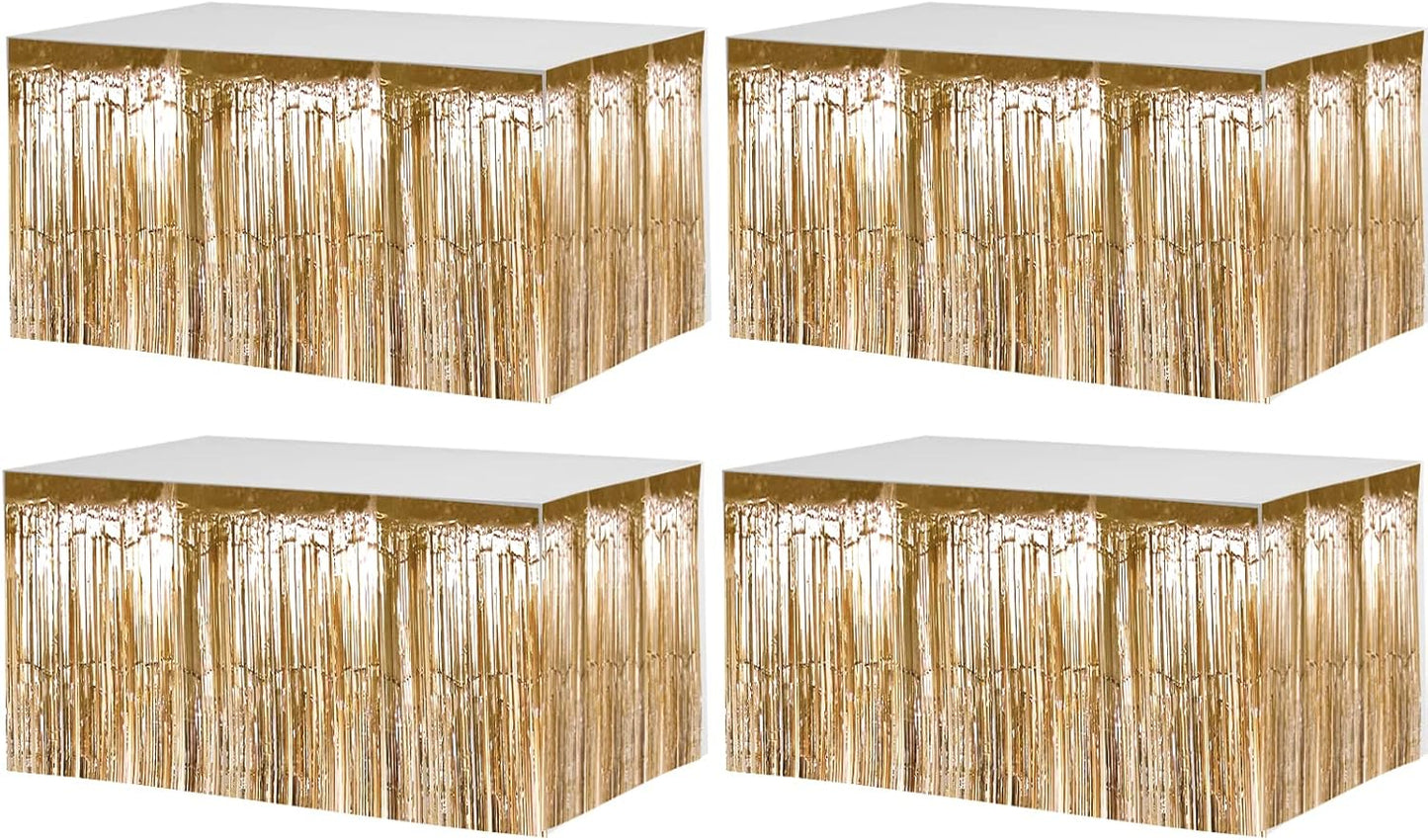 4 Pack 29x108 Inch Metallic Foil Fringe Tinsel Table Skirts for Rectangle Tables Streamer Curtains Backdrop for Christmas, Birthday, Parade Floats, Halloween Party Supplies(Champagne Gold)