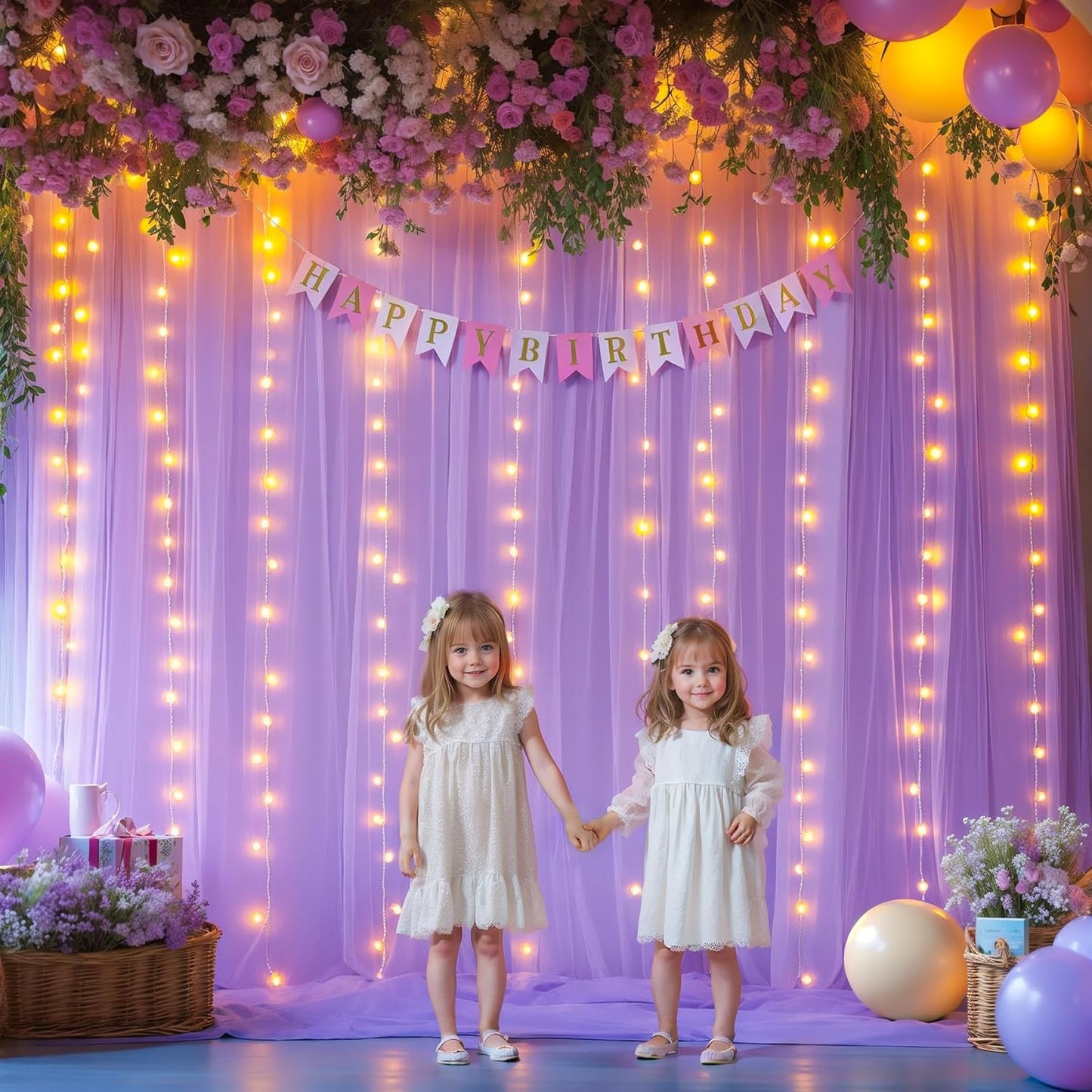 10x10ft Lavender Tulle Backdrop Curtains with Lights for Party Wedding Baby Shower, Sheer Wrinkle Free Backdrop Curtains for Birthday Party Photo Booth Background Decoration