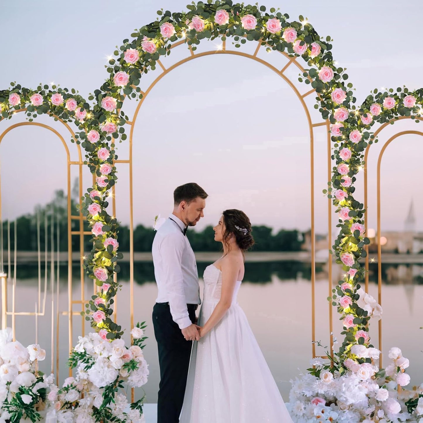 MACTING 4 Pack 26.4FT Eucalyptus Garland with Lights - Spring Gypsophila Flower Garlands with 48 Pink Roses Artificial Floral Greenery Vines for Arch Table Centerpieces Backdrop Party Wedding Decor