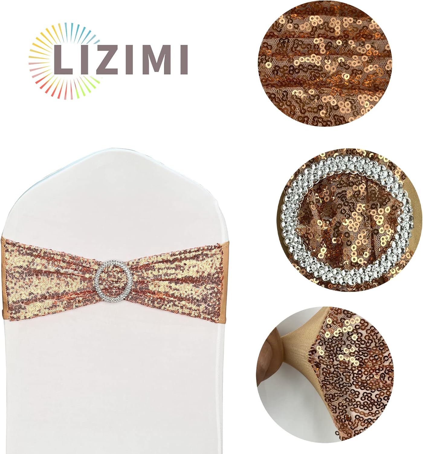 100 Pcs Chair Sashes Sequin Stretch Chair Bands Spandex Polyester Bows for Party Hotel Wedding Banquets Decoration - Rose Gold