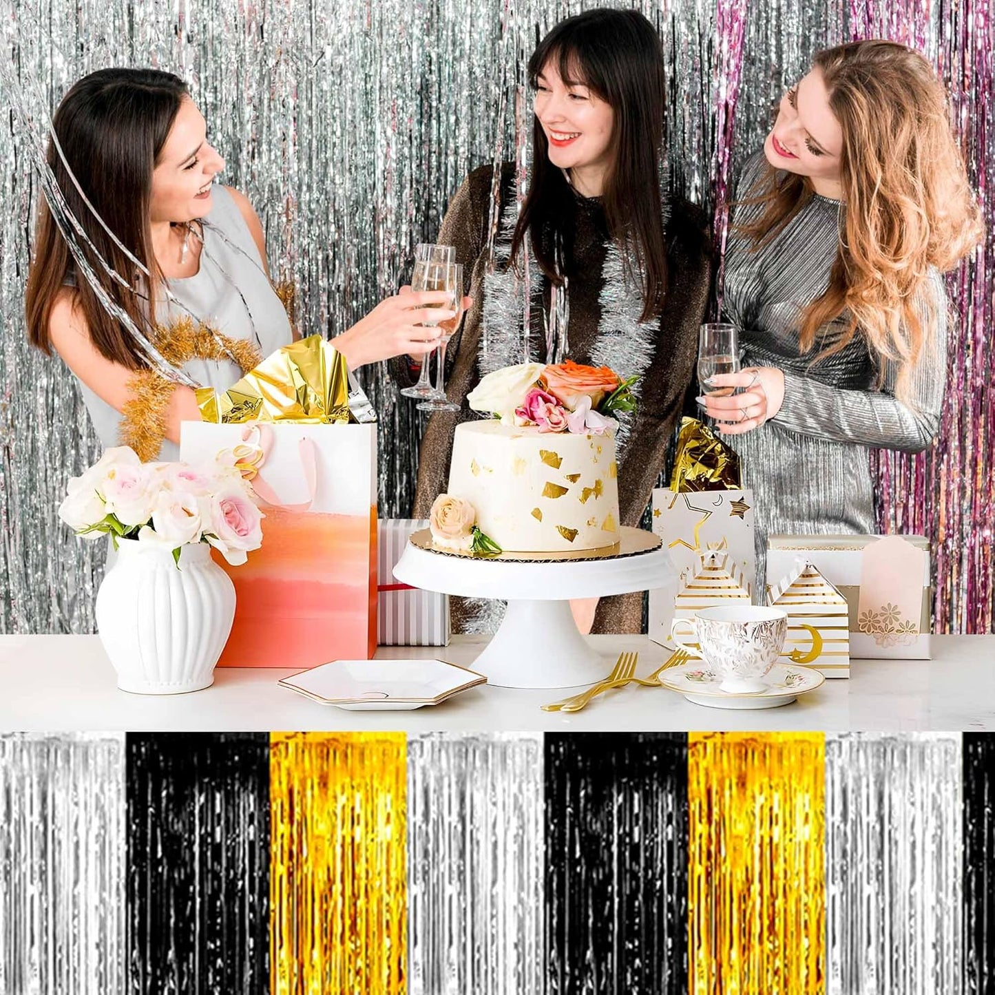 3 Pack Black Gold Silver Foil Fringe Table Skirts Metallic Tinsel Streamers Garland Banner Backdrop for Table Decor, Parade Float, Birthday, Wedding, Halloween, Christmas Party Decorations(29x108 In)