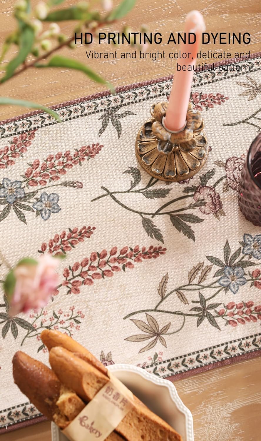 ISAENNE Designer Light Beige Linen Table Runner 71 Inches Long,Vintage Floral Wrinkle Resistant Decor Table Runners for Dining Tables,Christmas,Thanksgiving,Kitchen Tables,12"*71"-Helena A