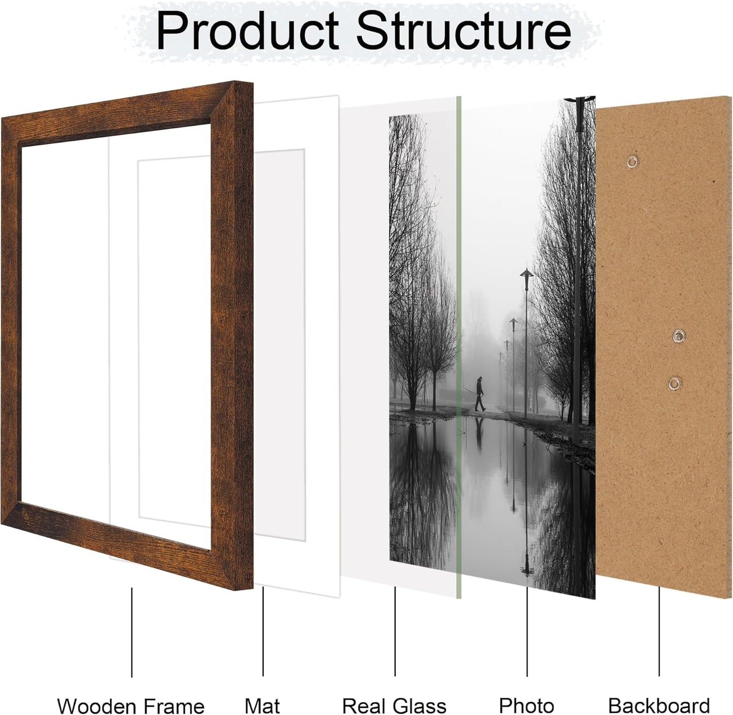 10x14 Picture Frame Set of 4 with Tempered Glass, Rustic Frame Display 8x12 Pictures with Mat or 10 x 14 Without Mat, Wooden Photo Frames for Wall Mounting