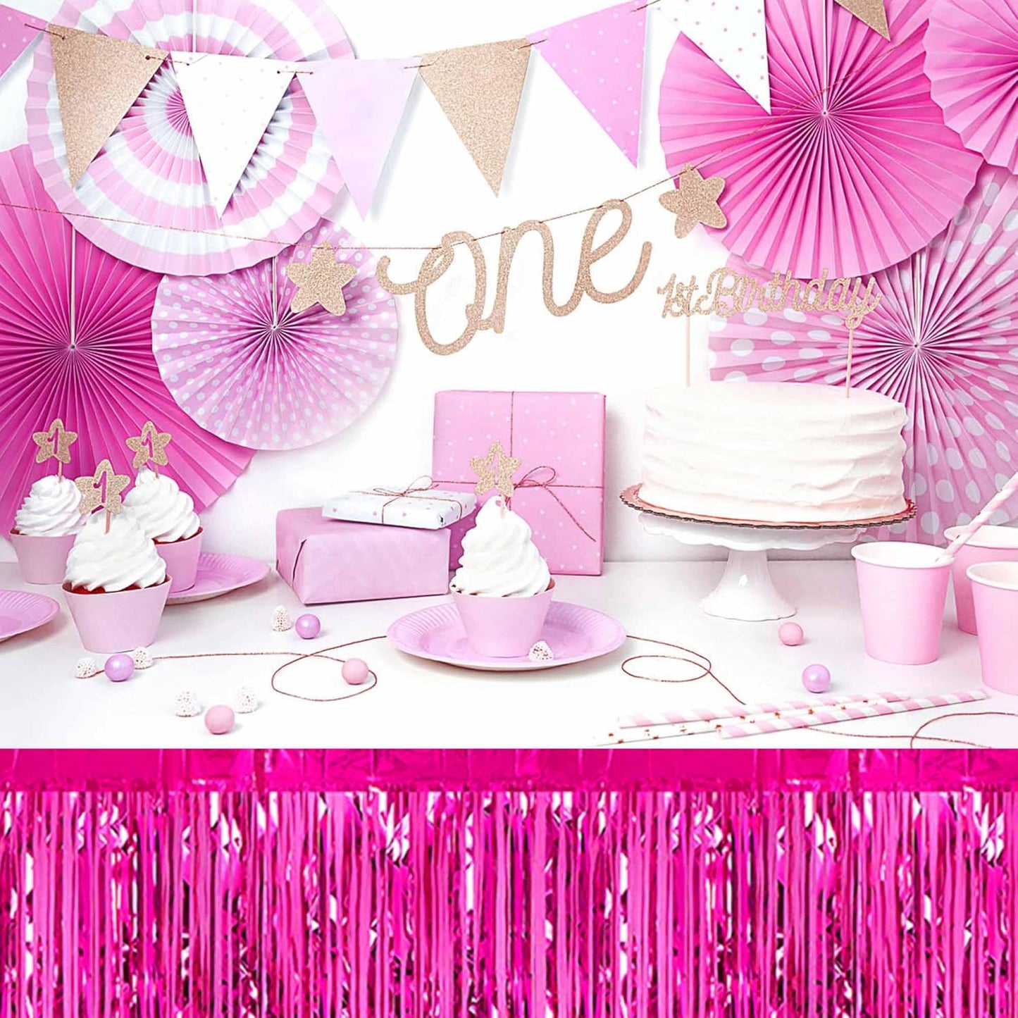 3 Pack Fuchsia Foil Fringe Table Skirts Metallic Tinsel Streamers Garland Banner Backdrop for Table Decor, Parade Float, Birthday, Wedding, Halloween, Christmas Party Decorations(29x108 In)