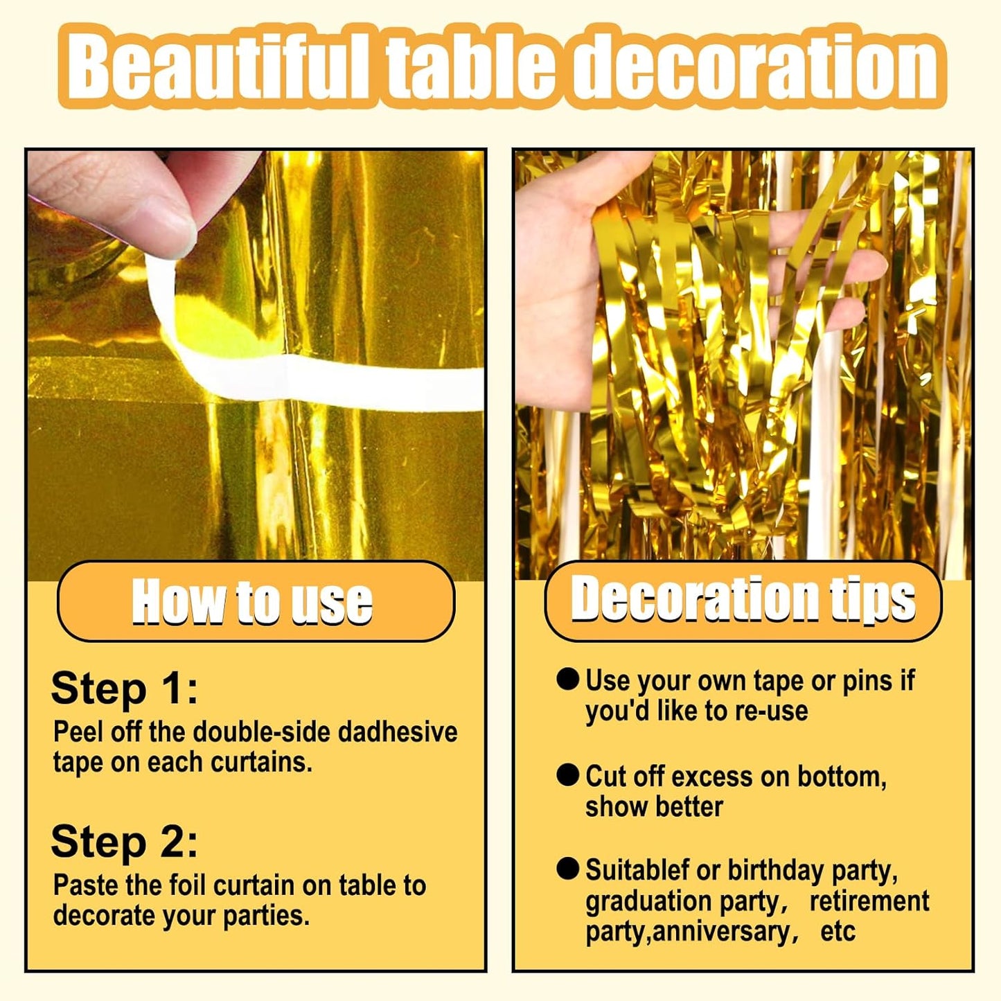 3 Pack 29 x108 Inch Gold Foil Fringe Table Skirts Metallic Banner for Tinsel Streamer Garland Backdrop for Parade Floats Wedding Thanksgiving Birthday Christmas Halloween New Year Party Decoration